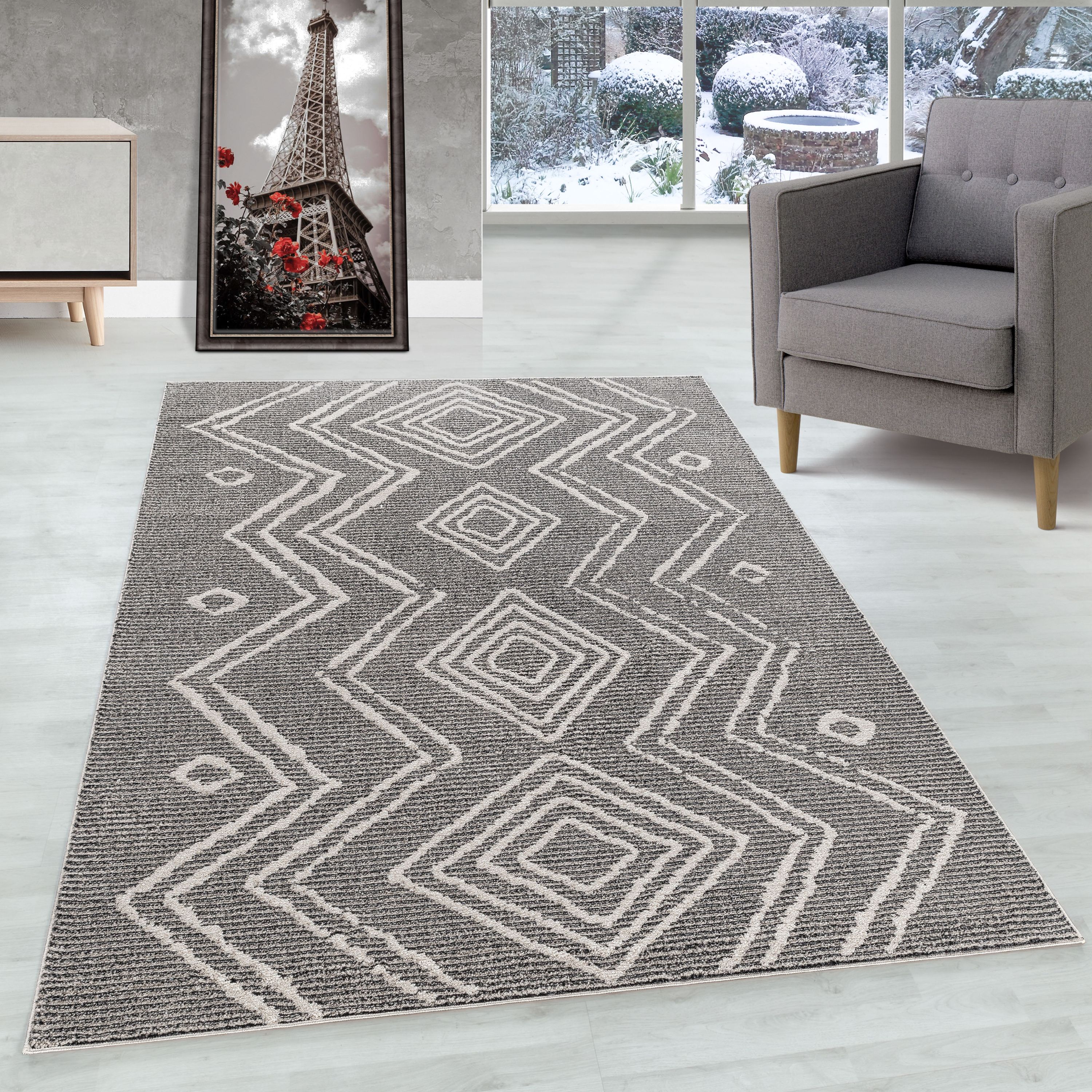 Short pile carpet living room Berber design Scandinavian style natural look