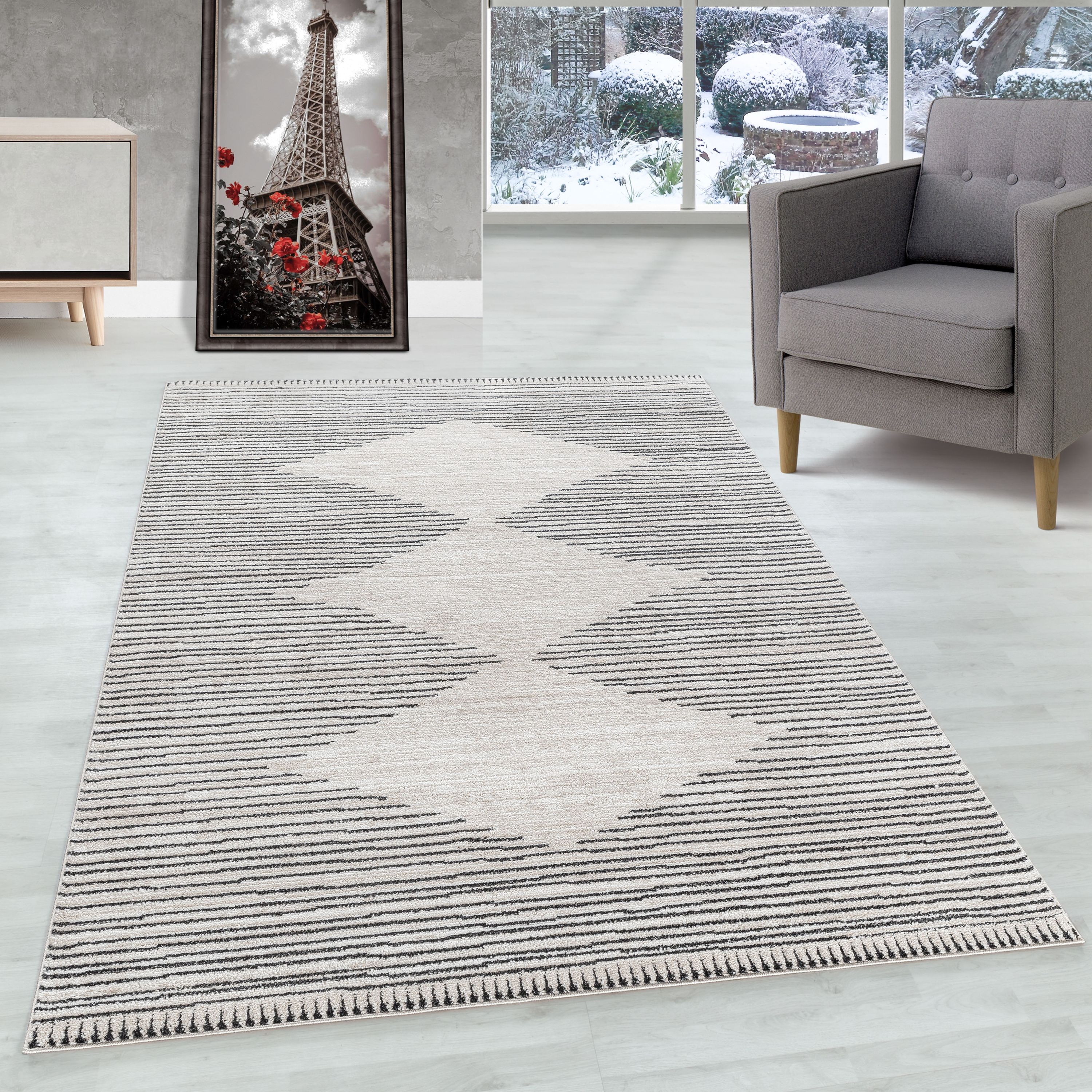 Short pile carpet living room striped design Scandinavian style natural look