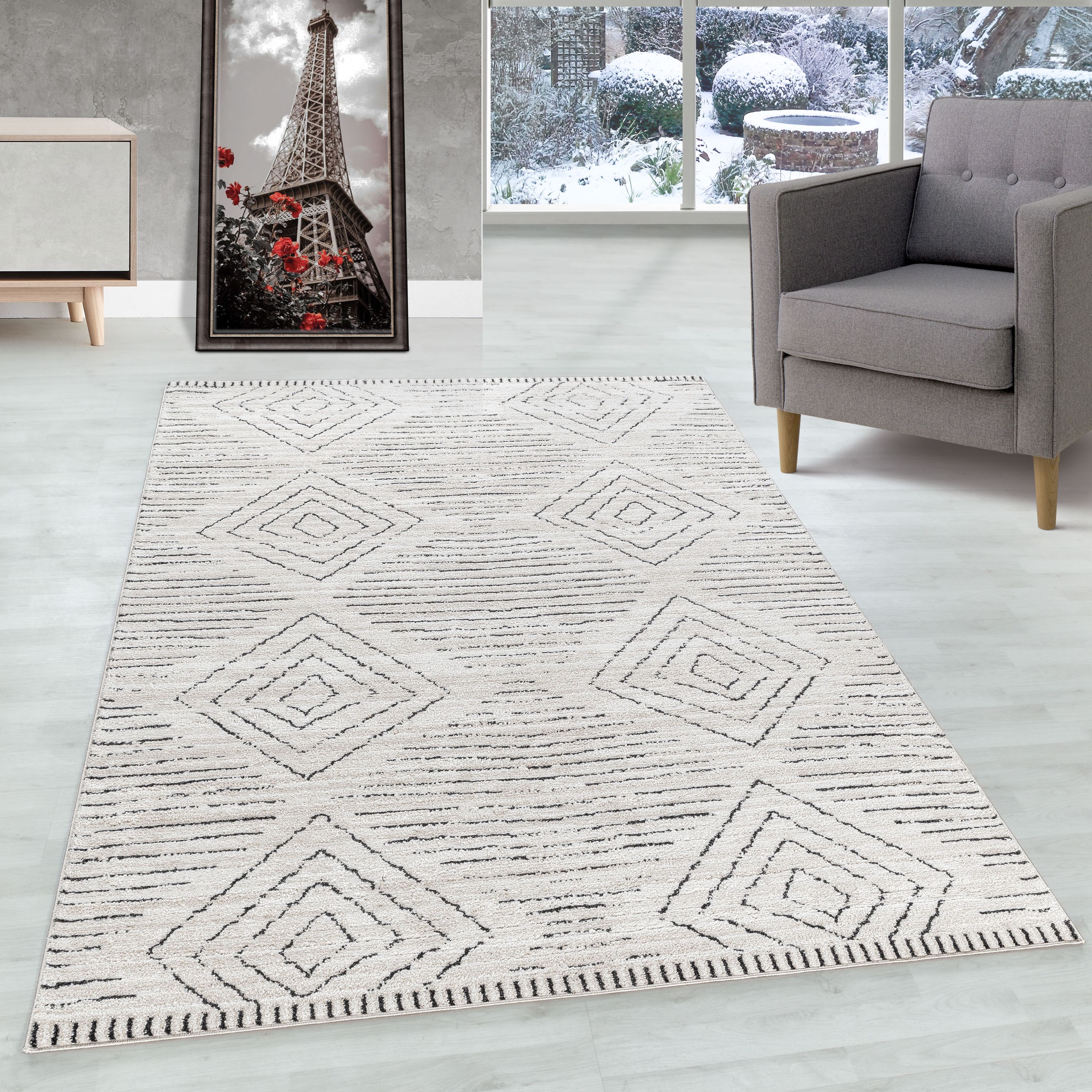 Short pile carpet living room geometric design Scandinavian style natural look