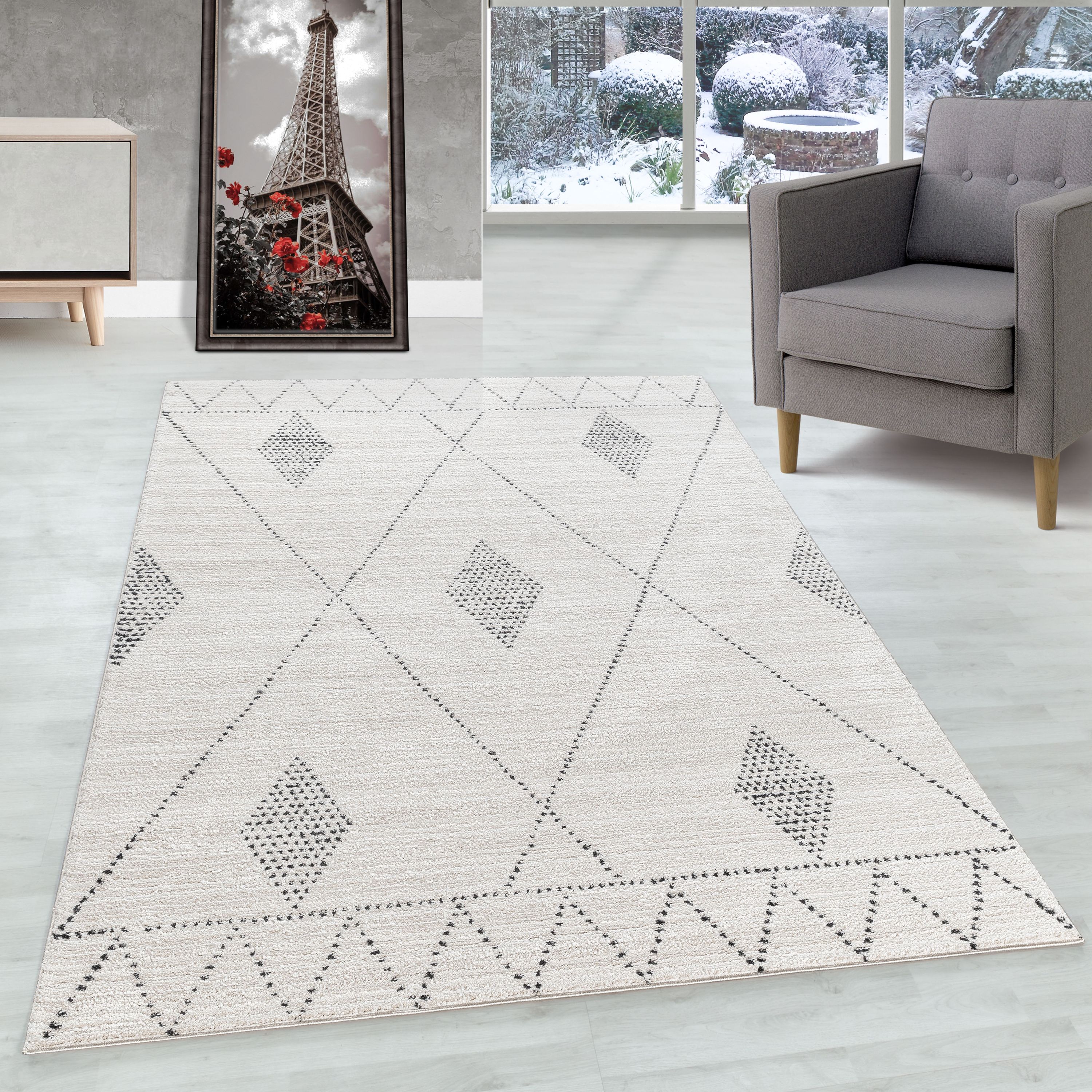 Short pile carpet living room Berber design Scandinavian style natural look