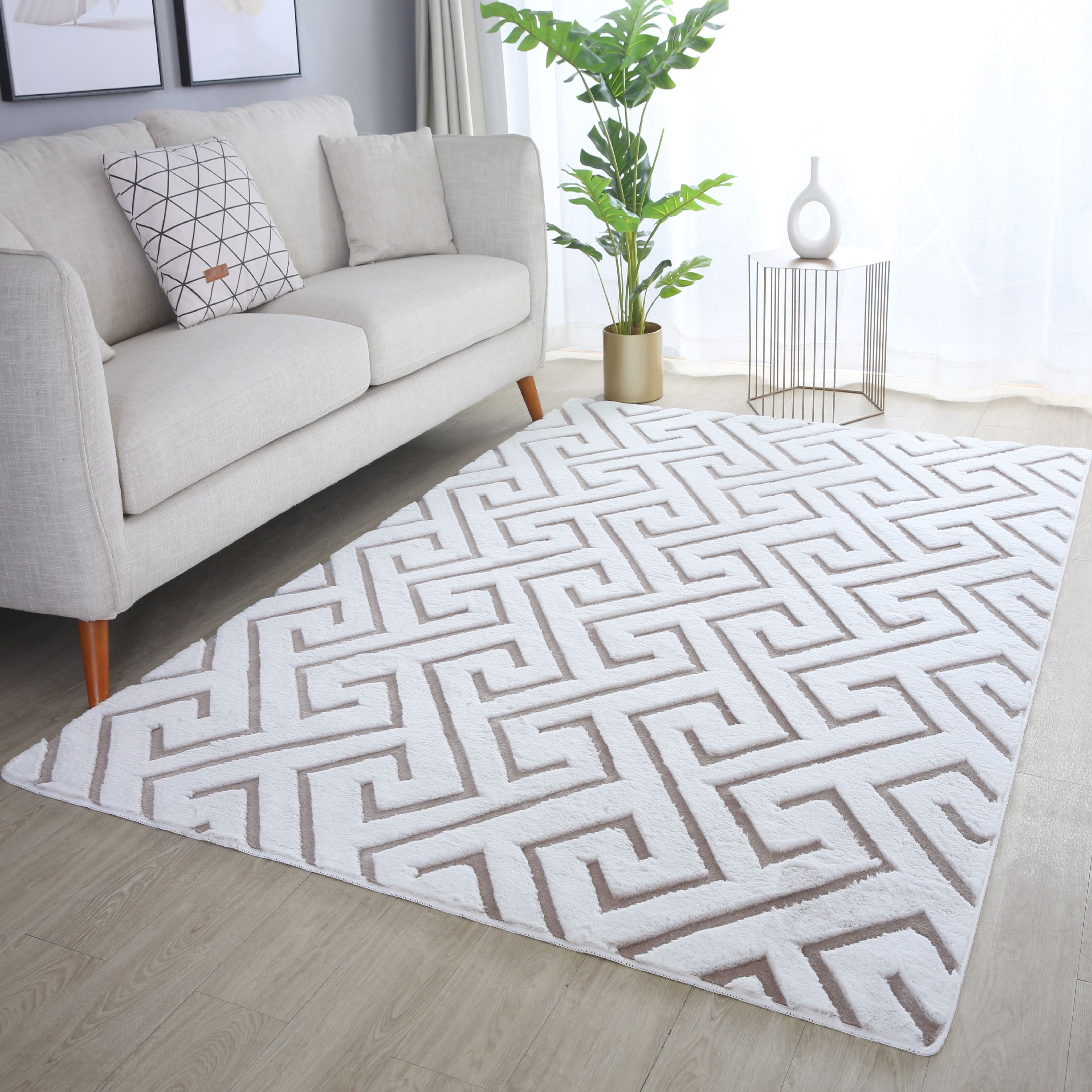 Tapis salon effet 3D design scandinave aspect fourrure douce