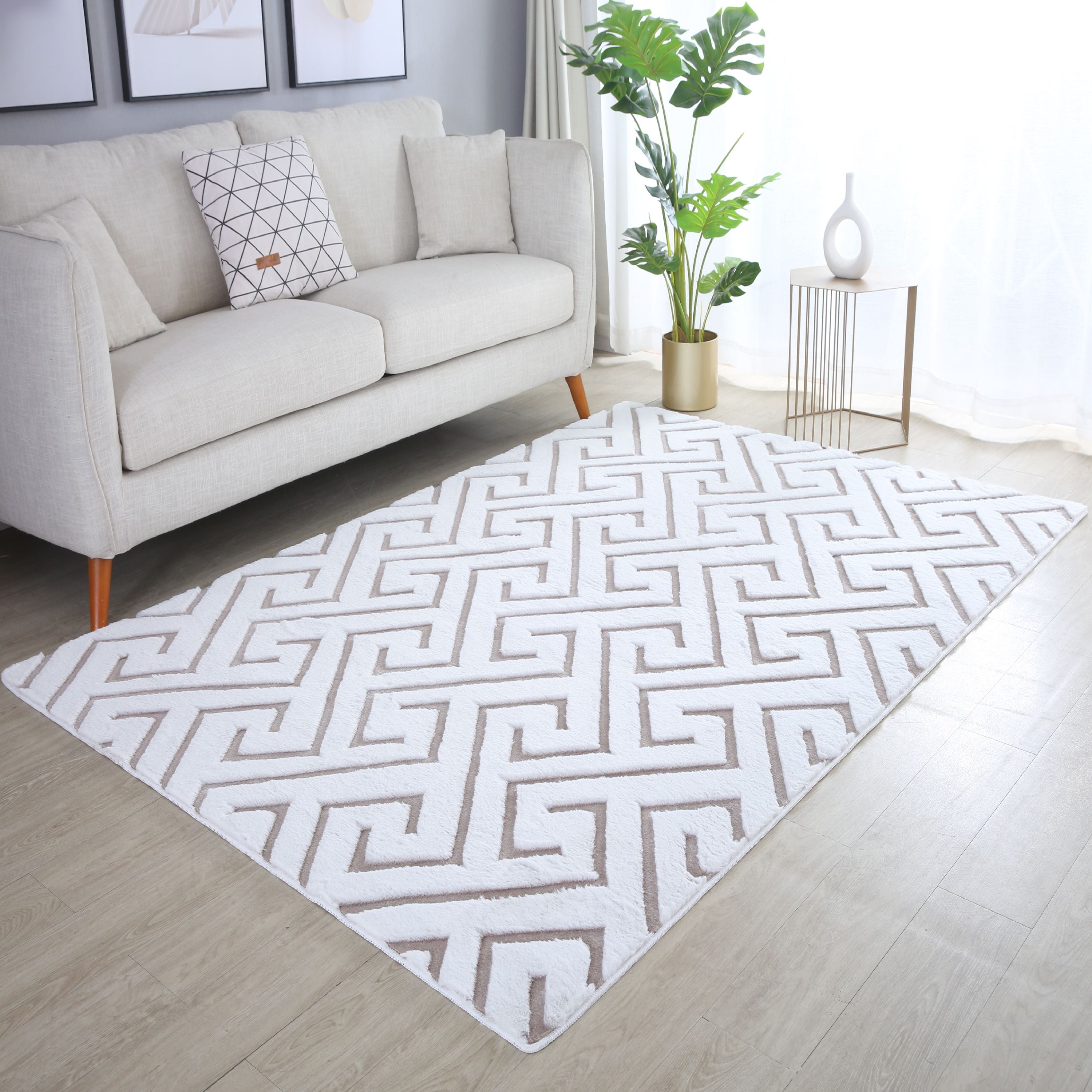 Tapis salon effet 3D design scandinave aspect fourrure douce