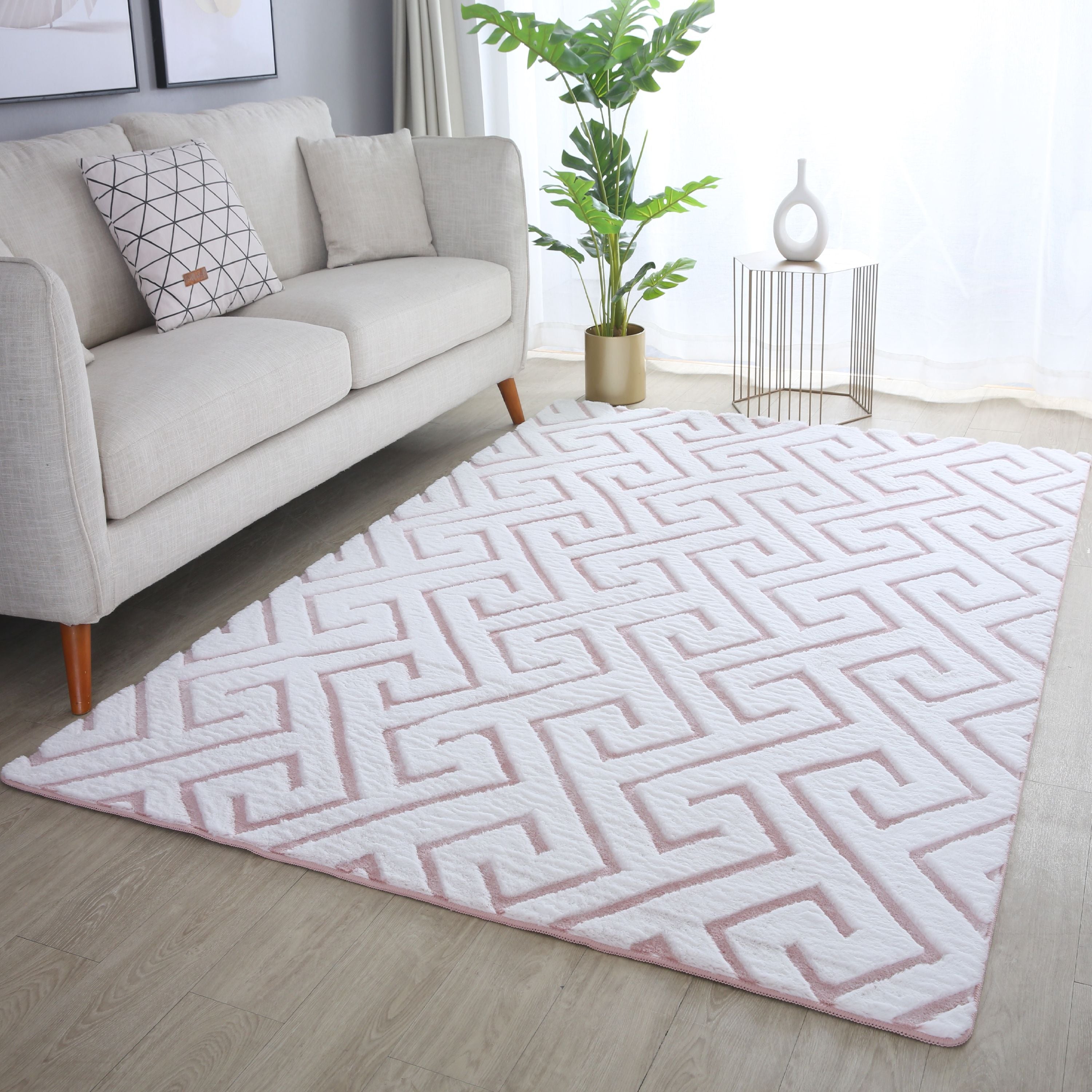 Tapis salon effet 3D design scandinave aspect fourrure douce