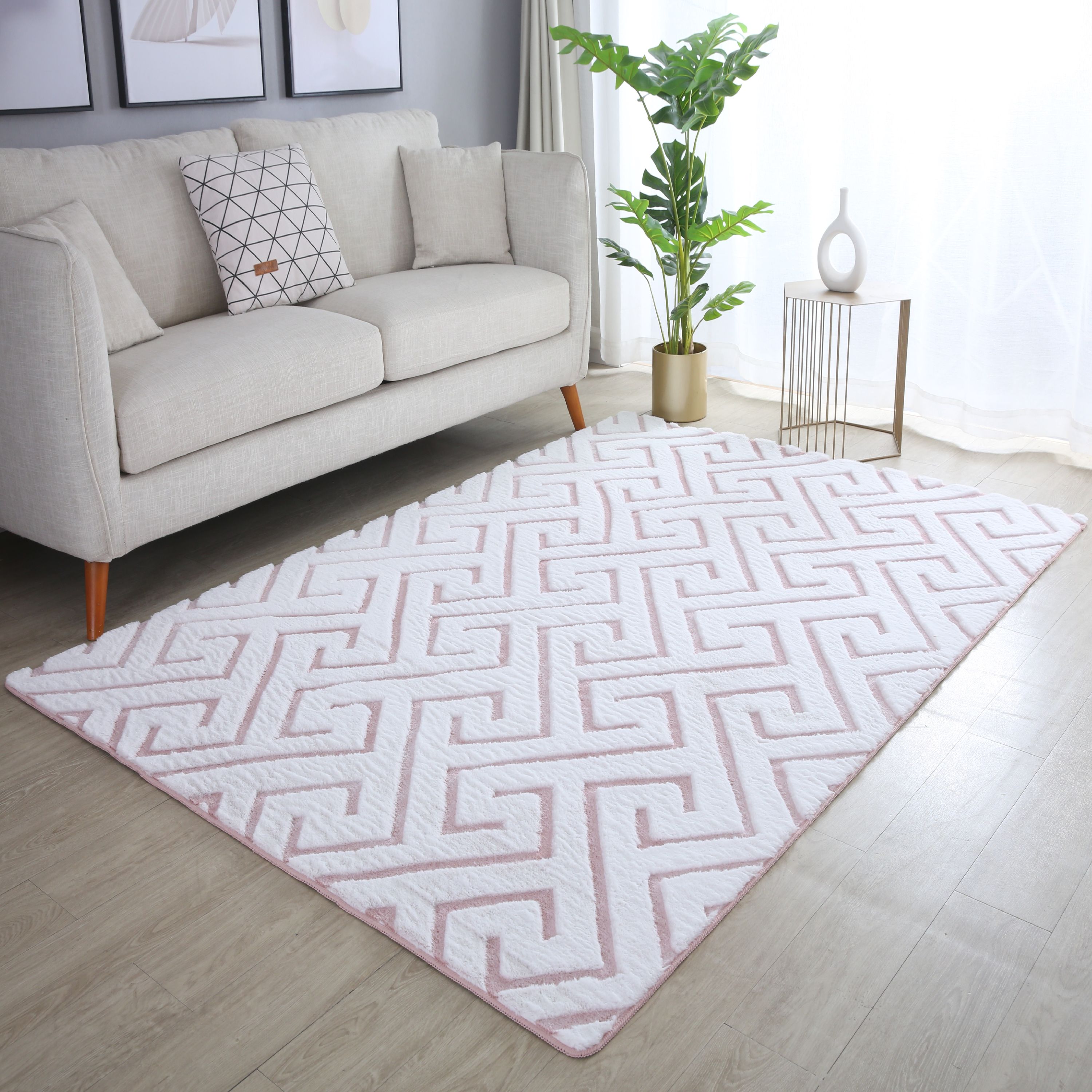 Tapis salon effet 3D design scandinave aspect fourrure douce