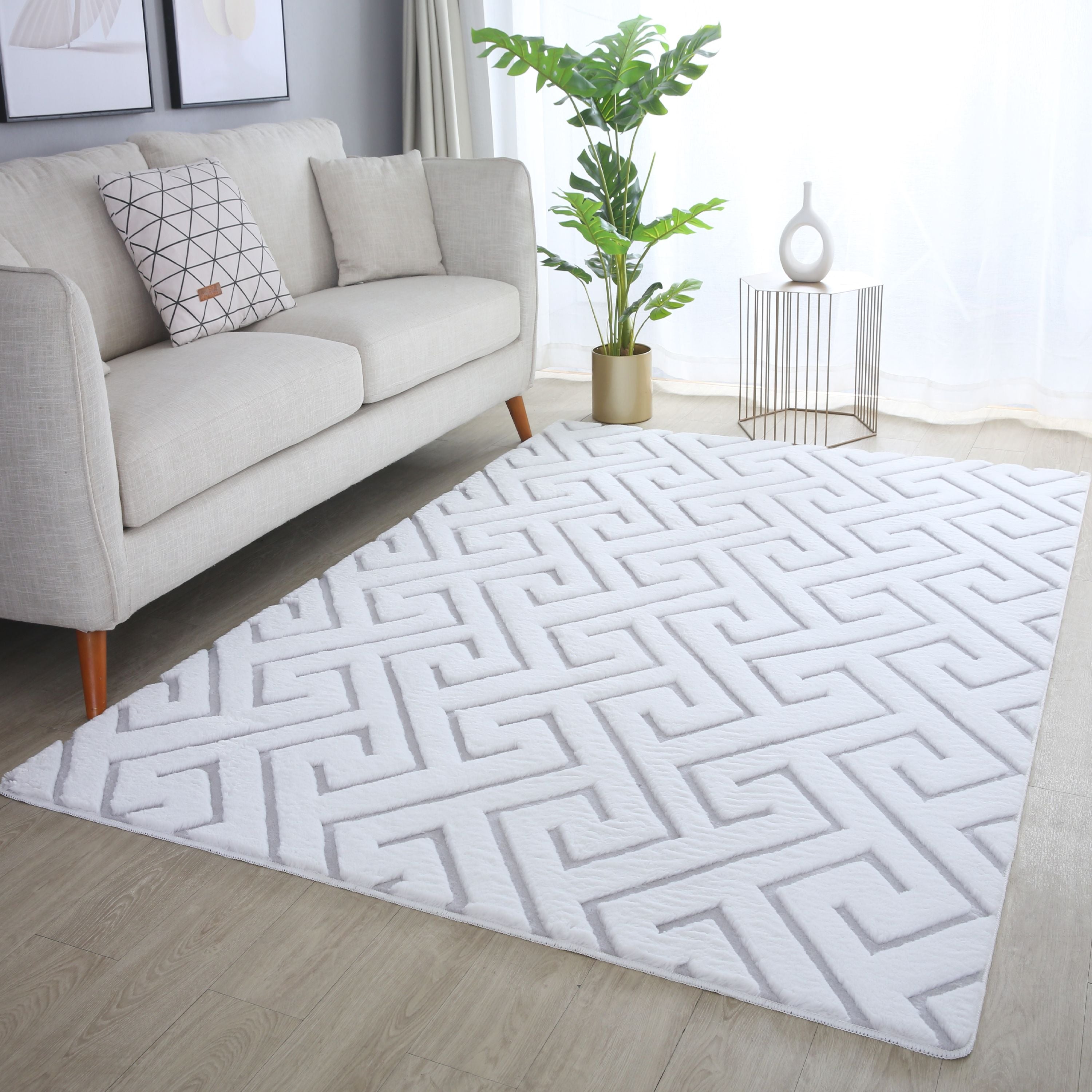 Tapis salon effet 3D design scandinave aspect fourrure douce