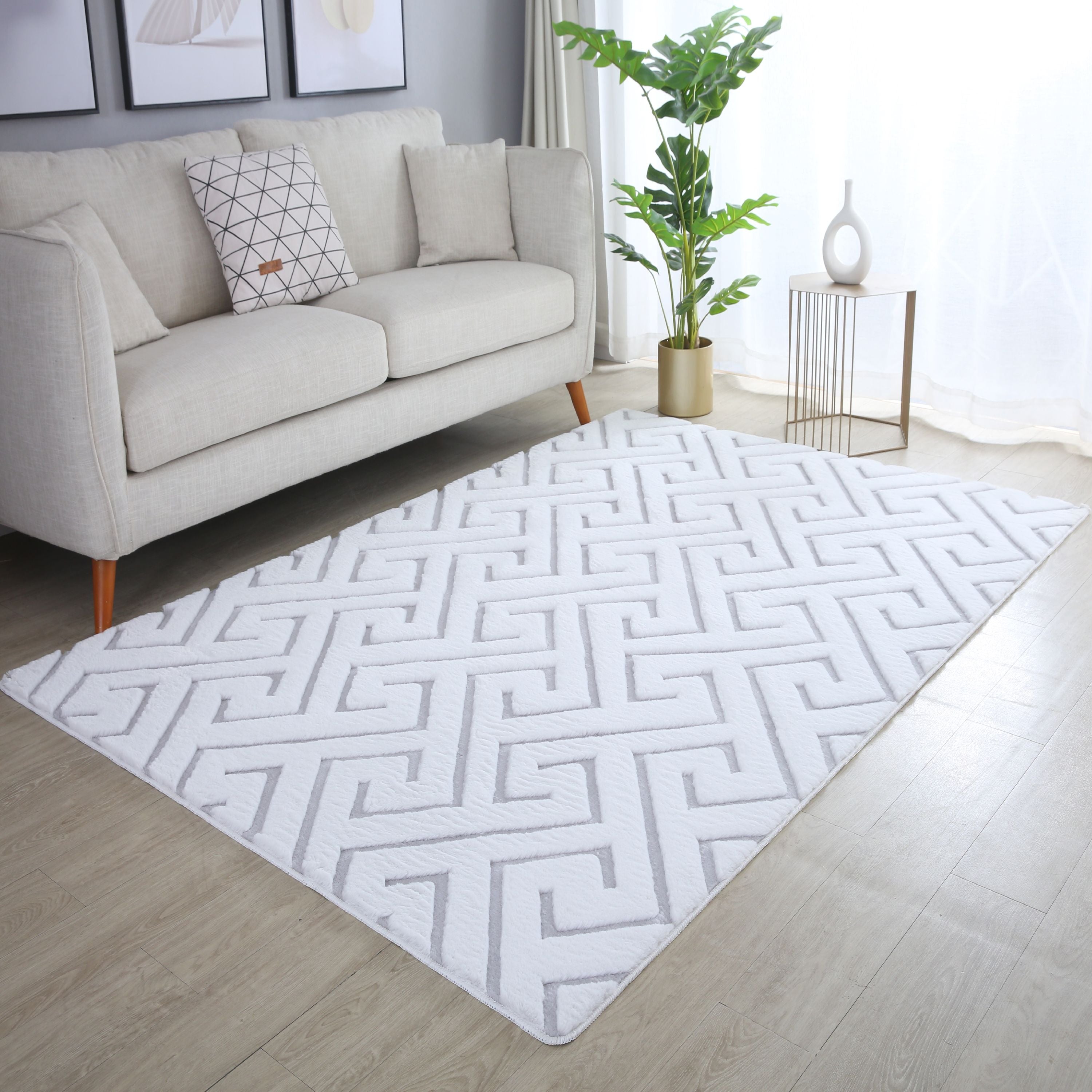 Tapis salon effet 3D design scandinave aspect fourrure douce