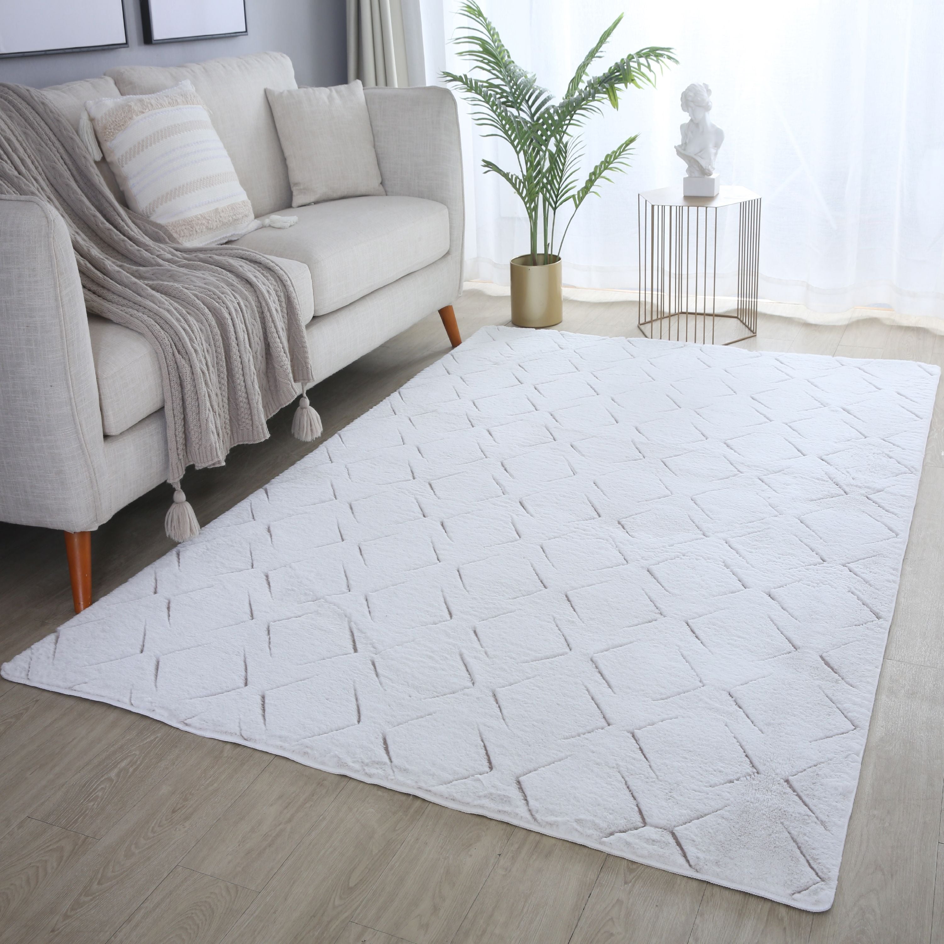 Tapis salon effet 3D design scandinave aspect fourrure douce