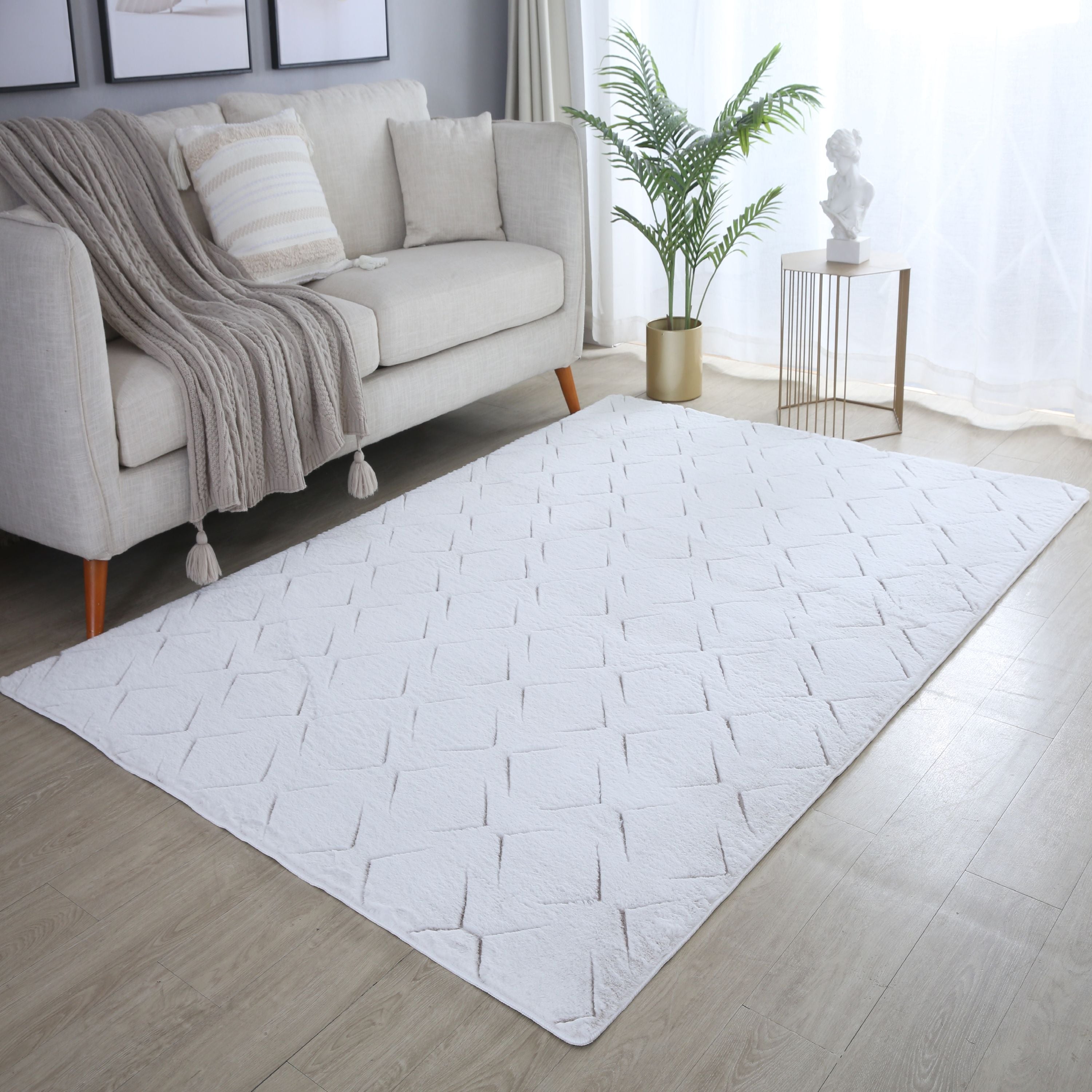 Tapis salon effet 3D design scandinave aspect fourrure douce