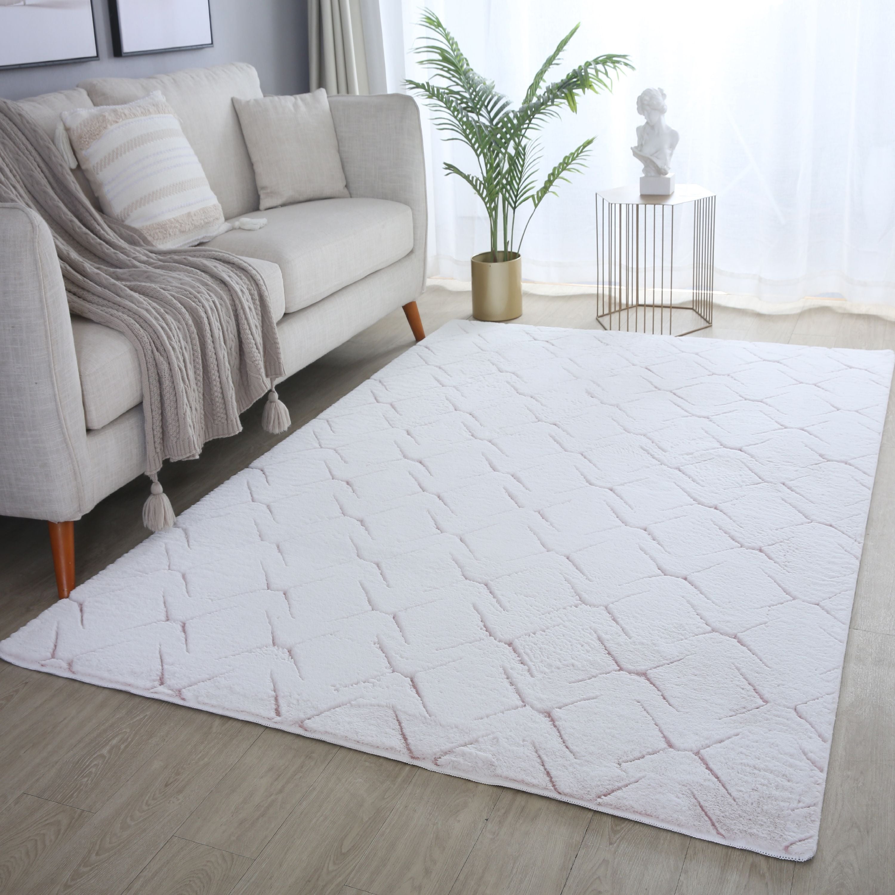 Tapis salon effet 3D design scandinave aspect fourrure douce