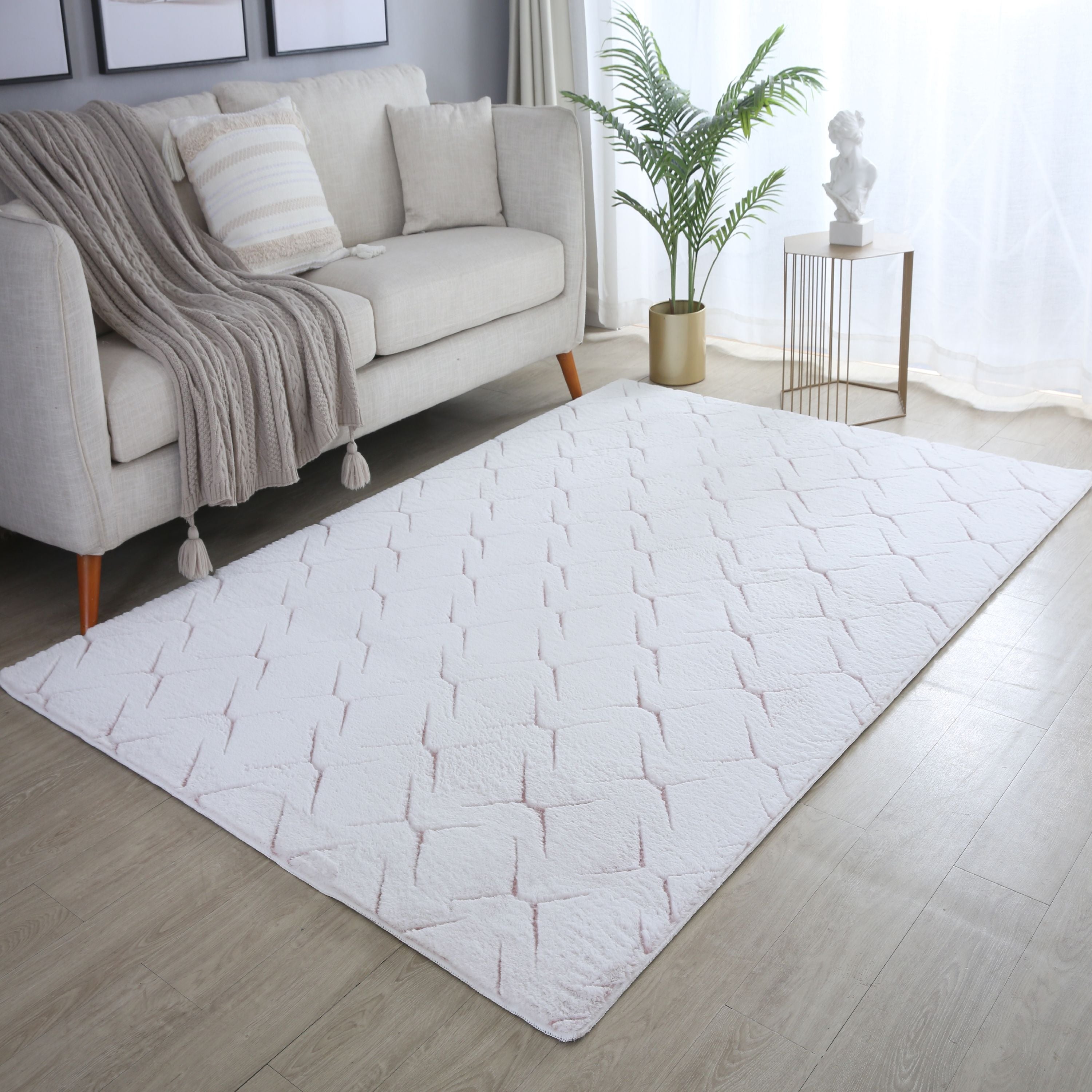 Tapis salon effet 3D design scandinave aspect fourrure douce