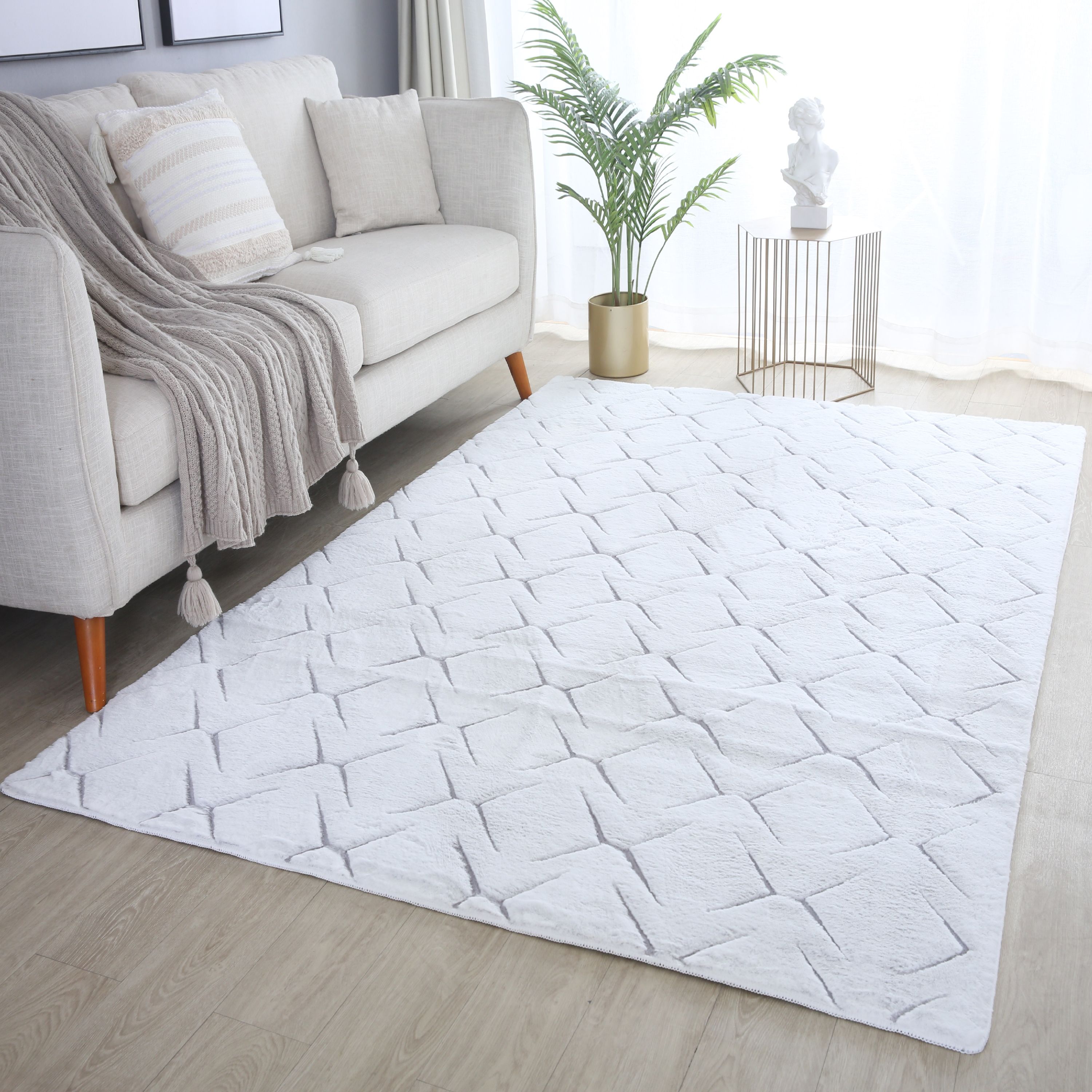 Tapis salon effet 3D design scandinave aspect fourrure douce