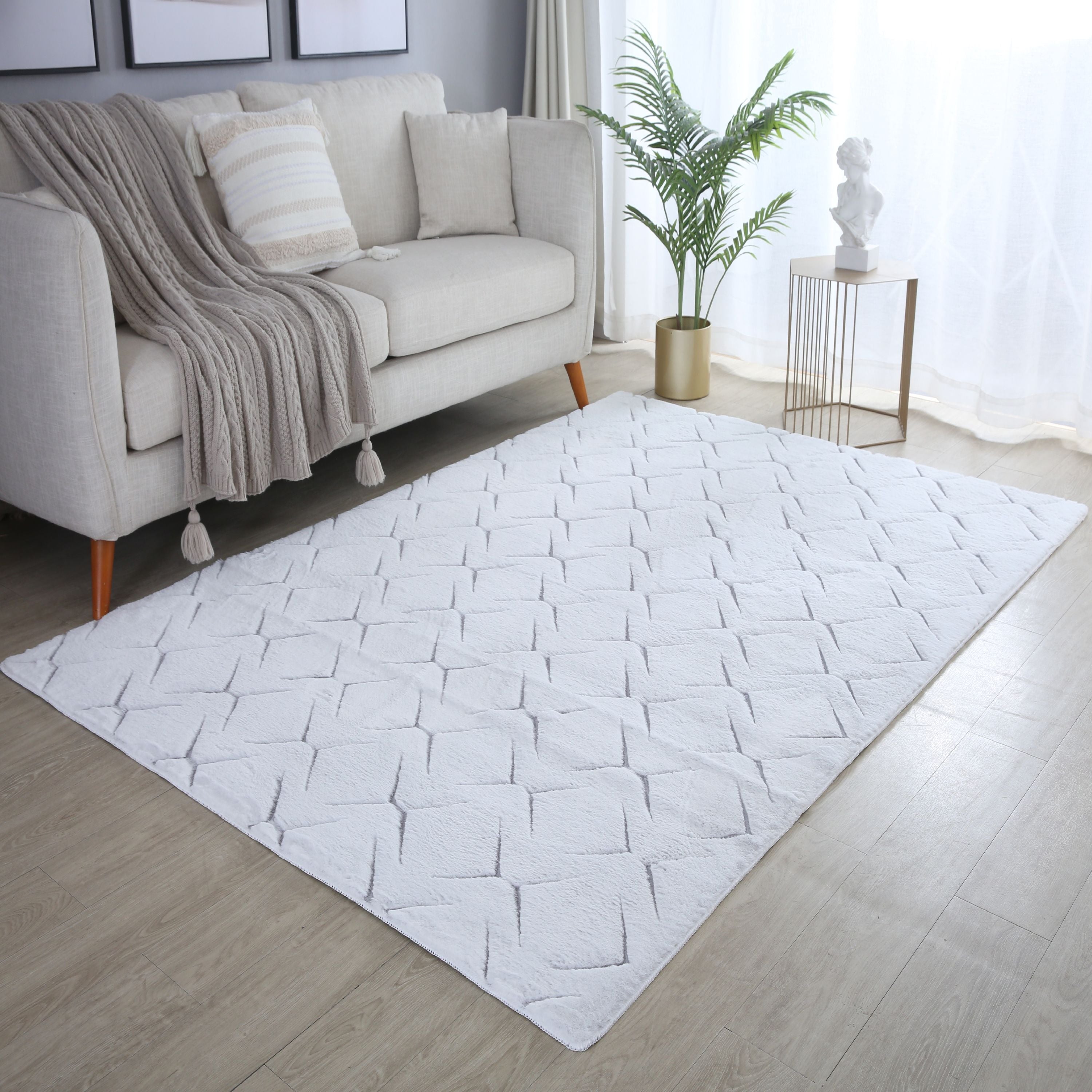 Tapis salon effet 3D design scandinave aspect fourrure douce