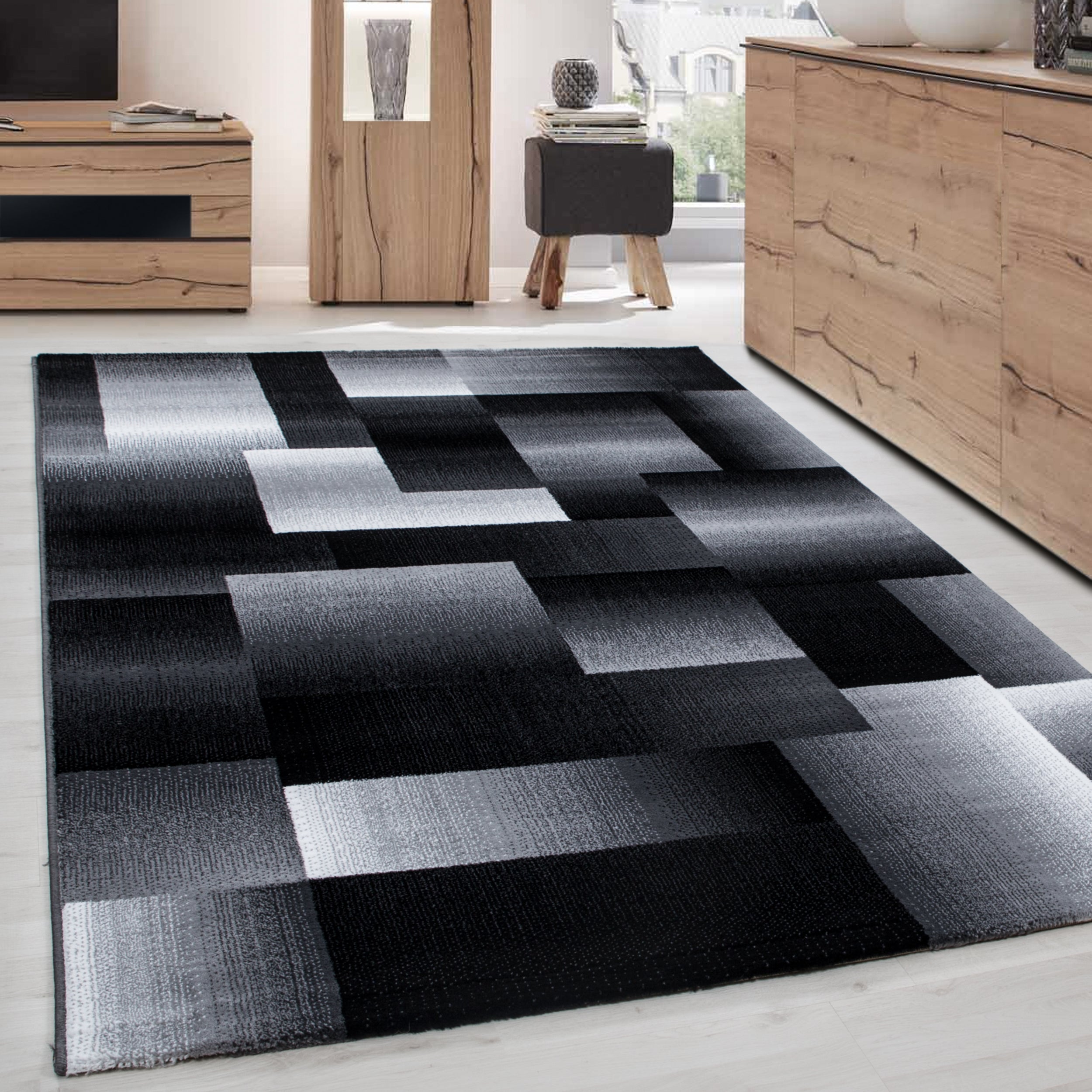 Modern Kurzflor Teppich Wohnzimmer Abstrakt Kariert Design Schwarz Pflegeleicht