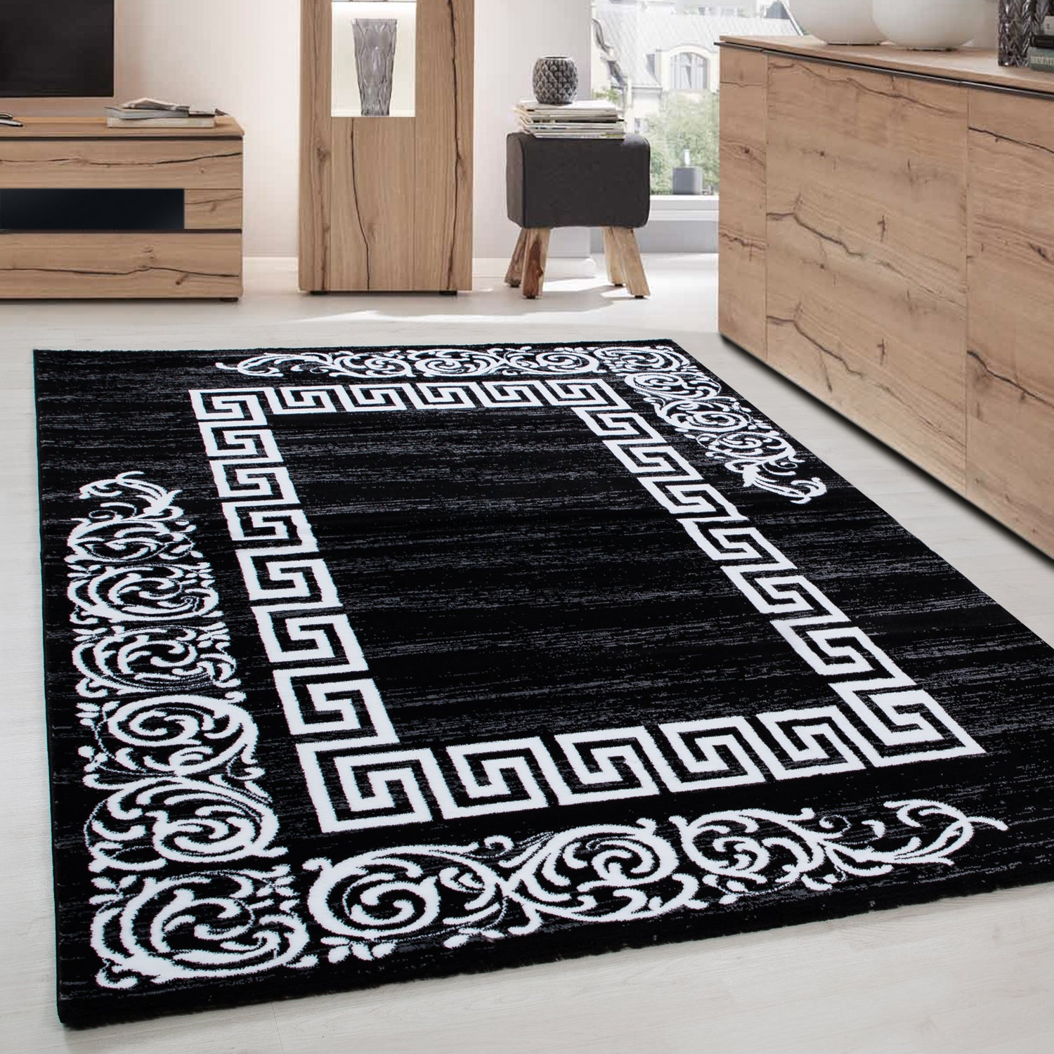Modern Kurzflor Teppich Wohnzimmer Schlafzimmer Mäander Design Pflegeleicht