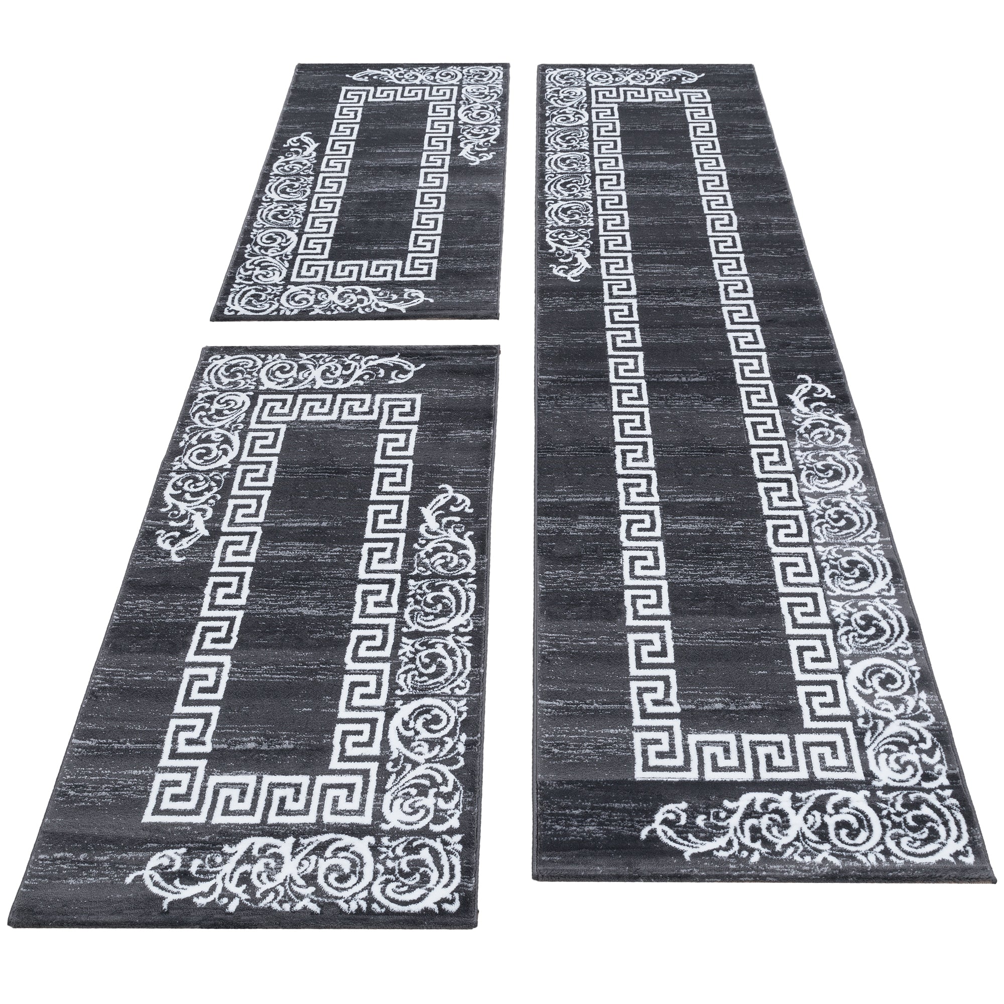 Bordure de lit tapis baroque motif méandre ensemble de 3 pièces gris blanc