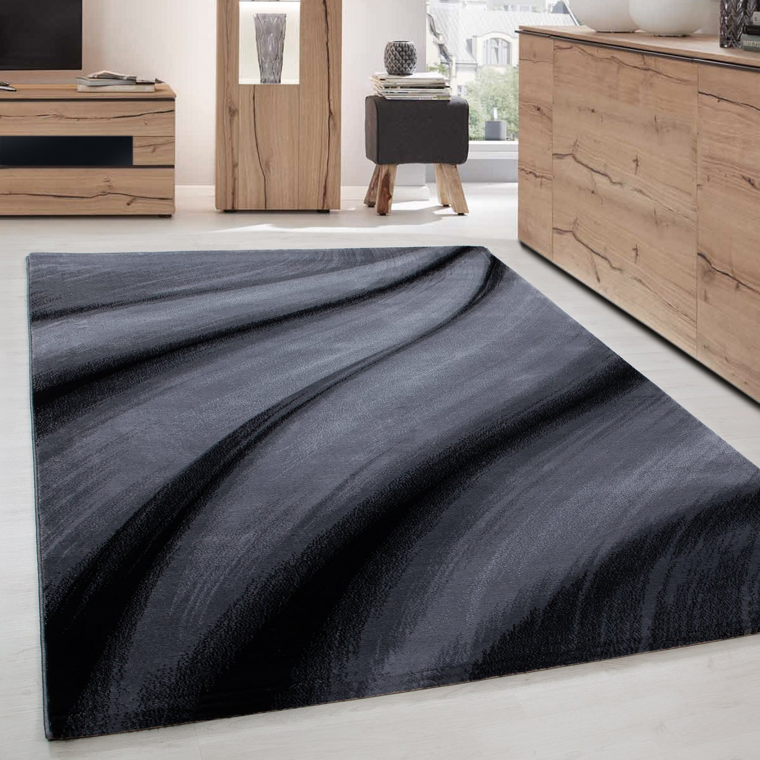 Modern short pile rug for living room, abstract wave design, easy to care for