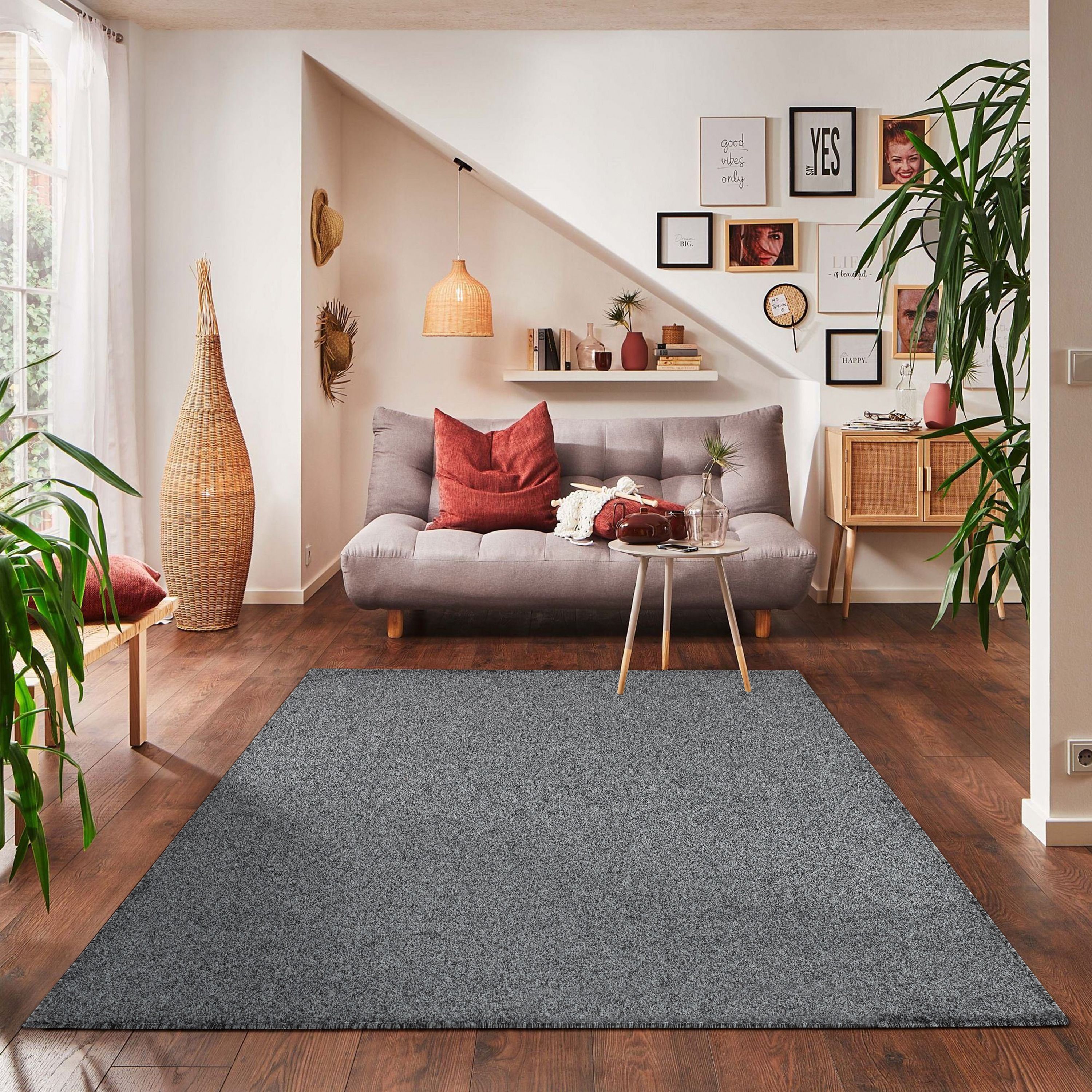 Einfarbiger Teppich Wohnzimmer Schlafzimmer Küchenteppich Kurzflor Weich Grau
