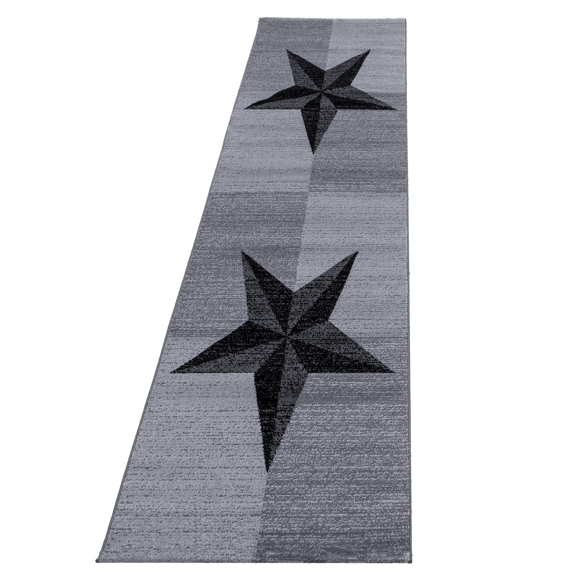 Ensemble de bordure de lit 3 pièces, tapis à poils courts, motif étoiles, noir et gris 