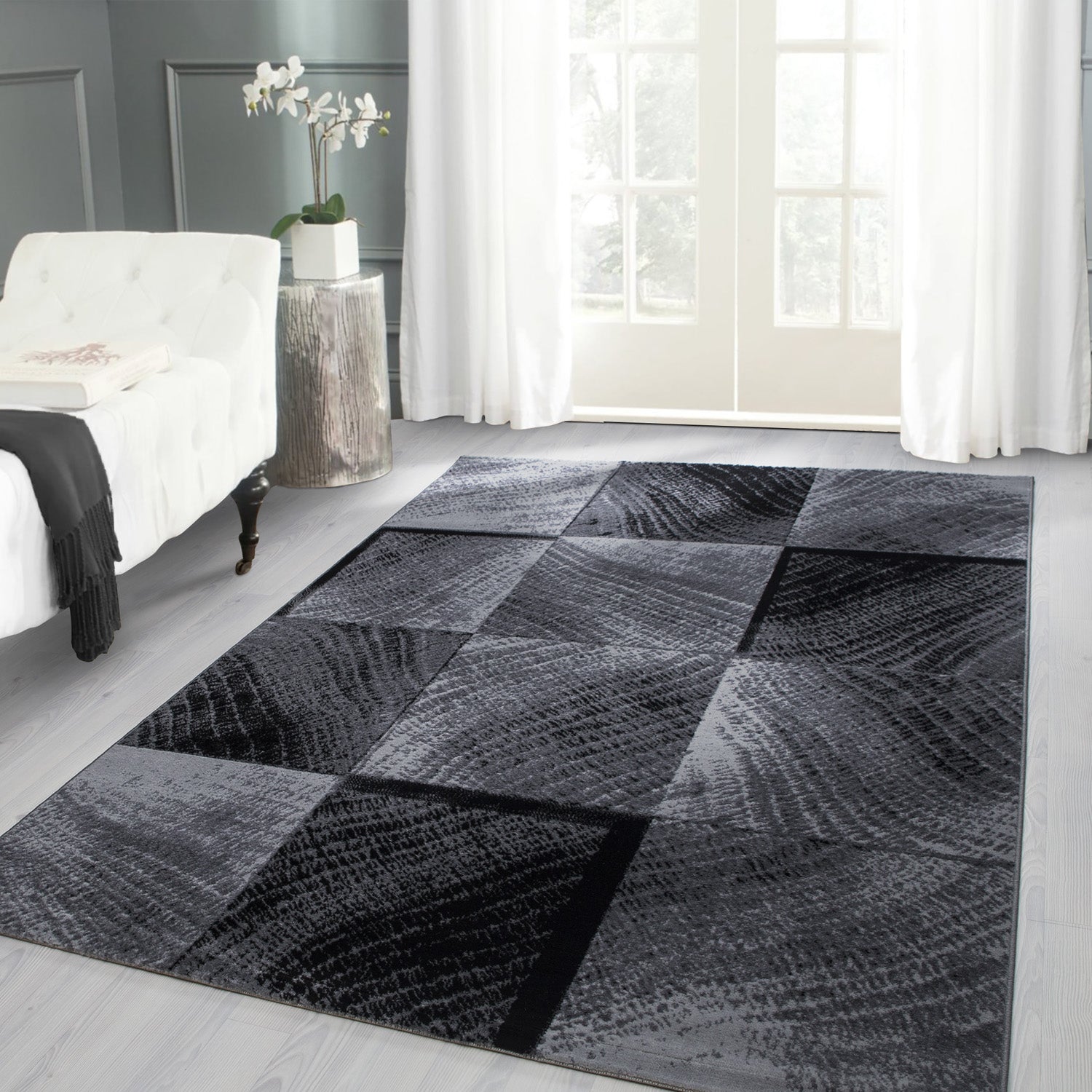 Modern Kurzflor Teppich Wohnzimmer Abstrakt Kariert Design Schwarz Pflegeleicht