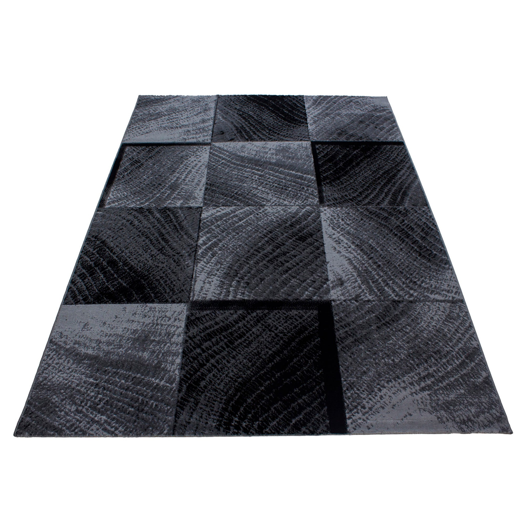 Modern Kurzflor Teppich Wohnzimmer Abstrakt Kariert Design Schwarz Pflegeleicht