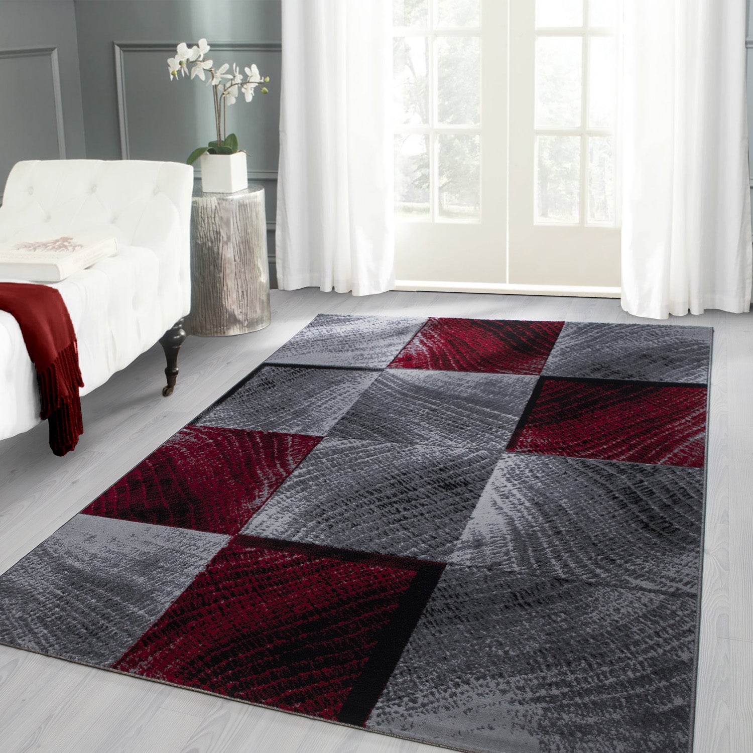 Modern short pile carpet for living room, abstract checkered design, black, easy to care for