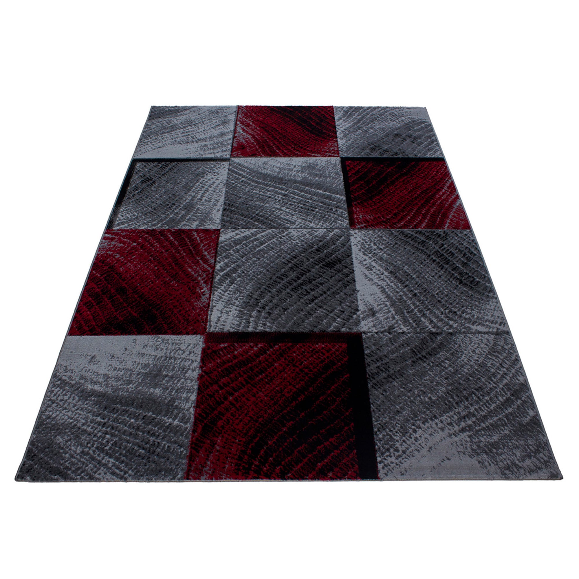 Modern short pile carpet for living room, abstract checkered design, black, easy to care for