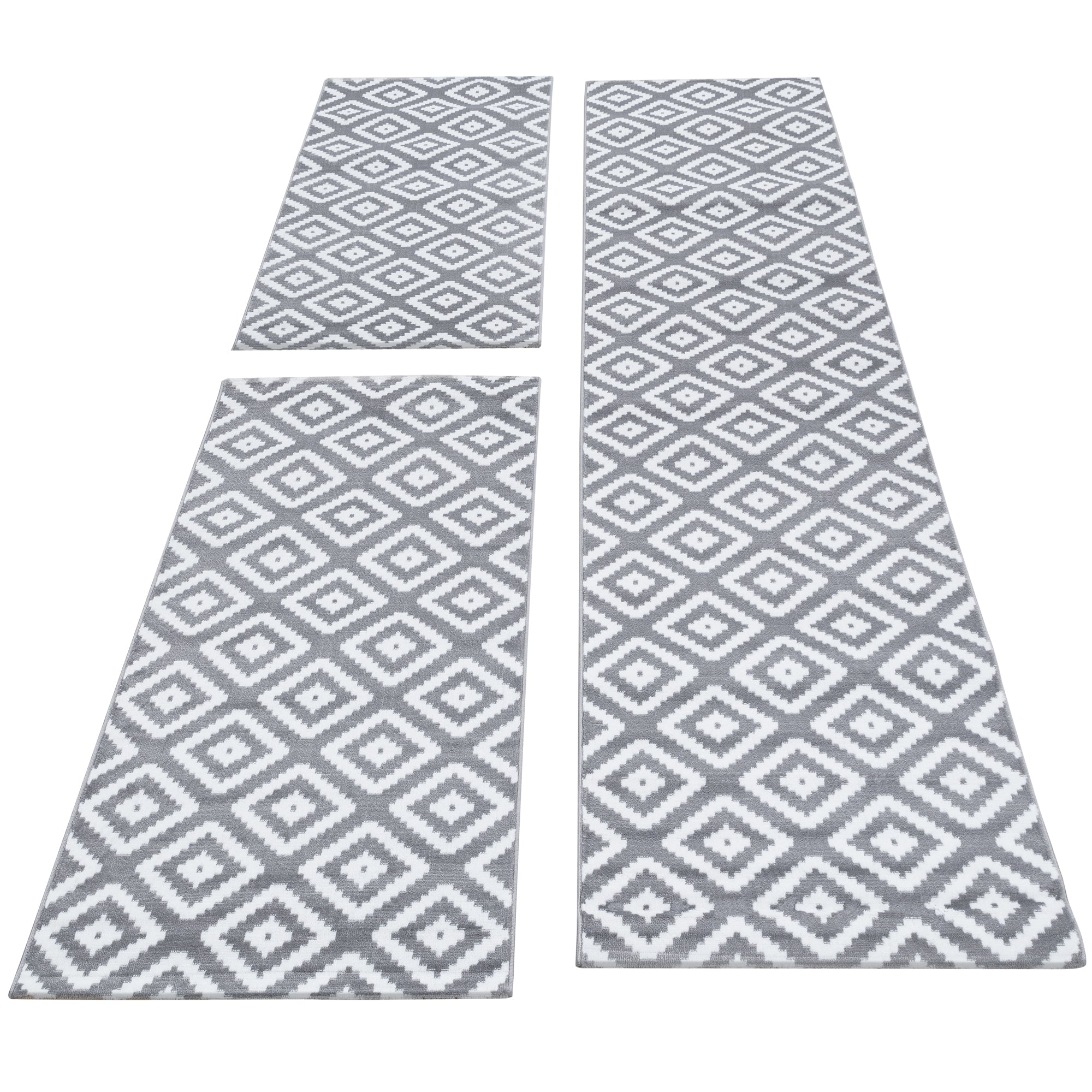 Ensemble de bordure de lit 3 pièces tapis à poils courts géométrique à carreaux gris blanc 