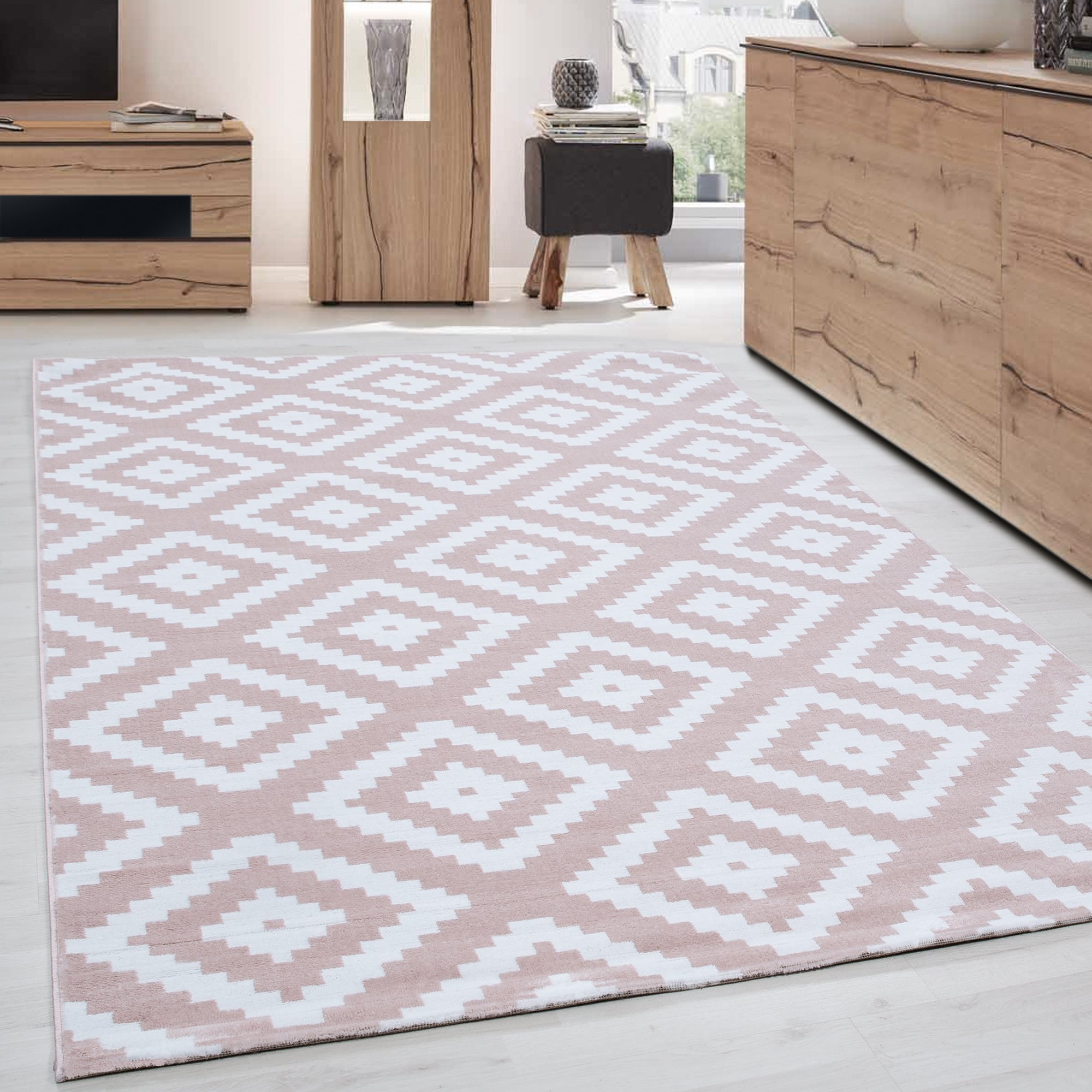 Modern Kurzflor Teppich Wohnzimmer Rauten Design Weicher flor Pflegeleicht