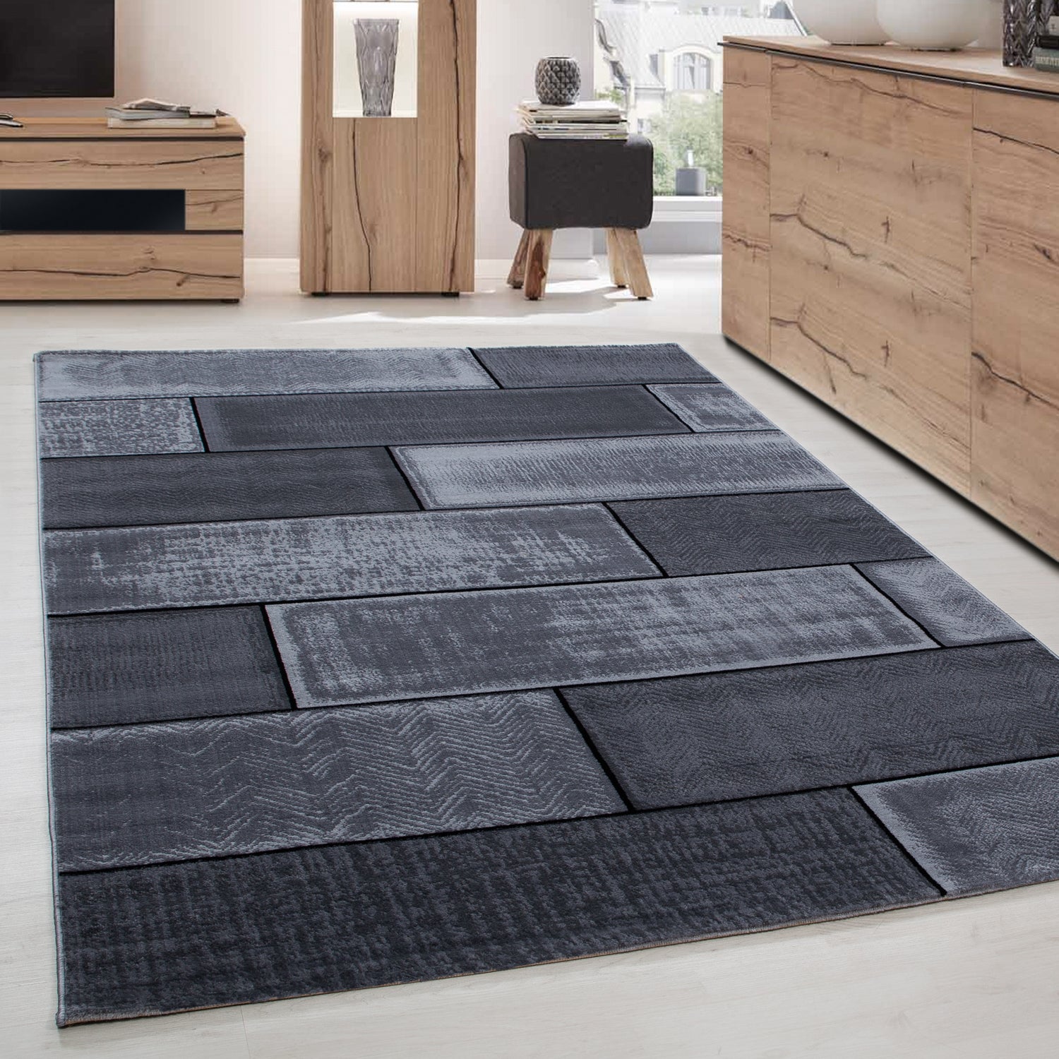 Modern short pile carpet for living room, abstract checkered design, easy to care for