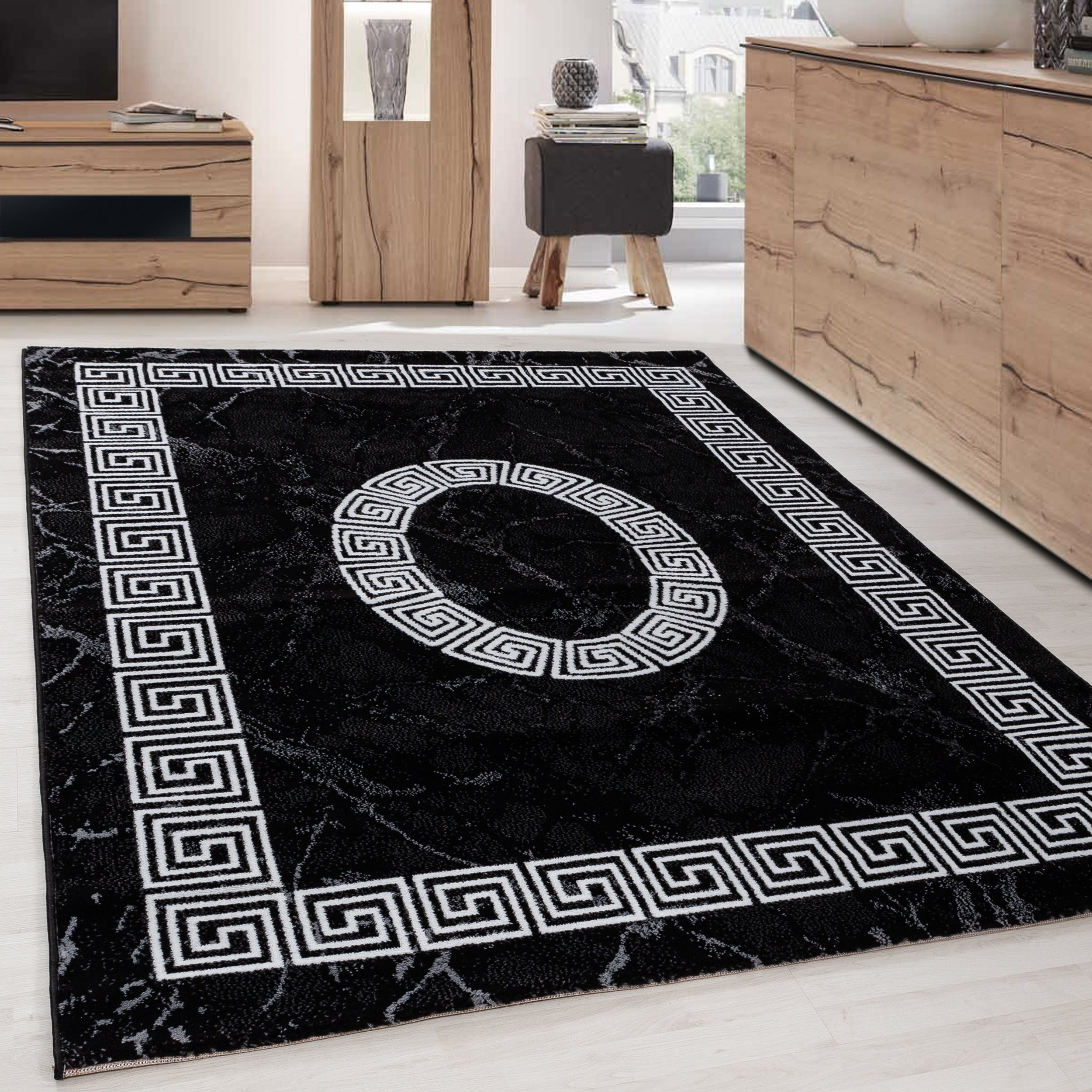Modern Kurzflor Teppich Wohnzimmer  Mäander Design Weich Pflegeleicht