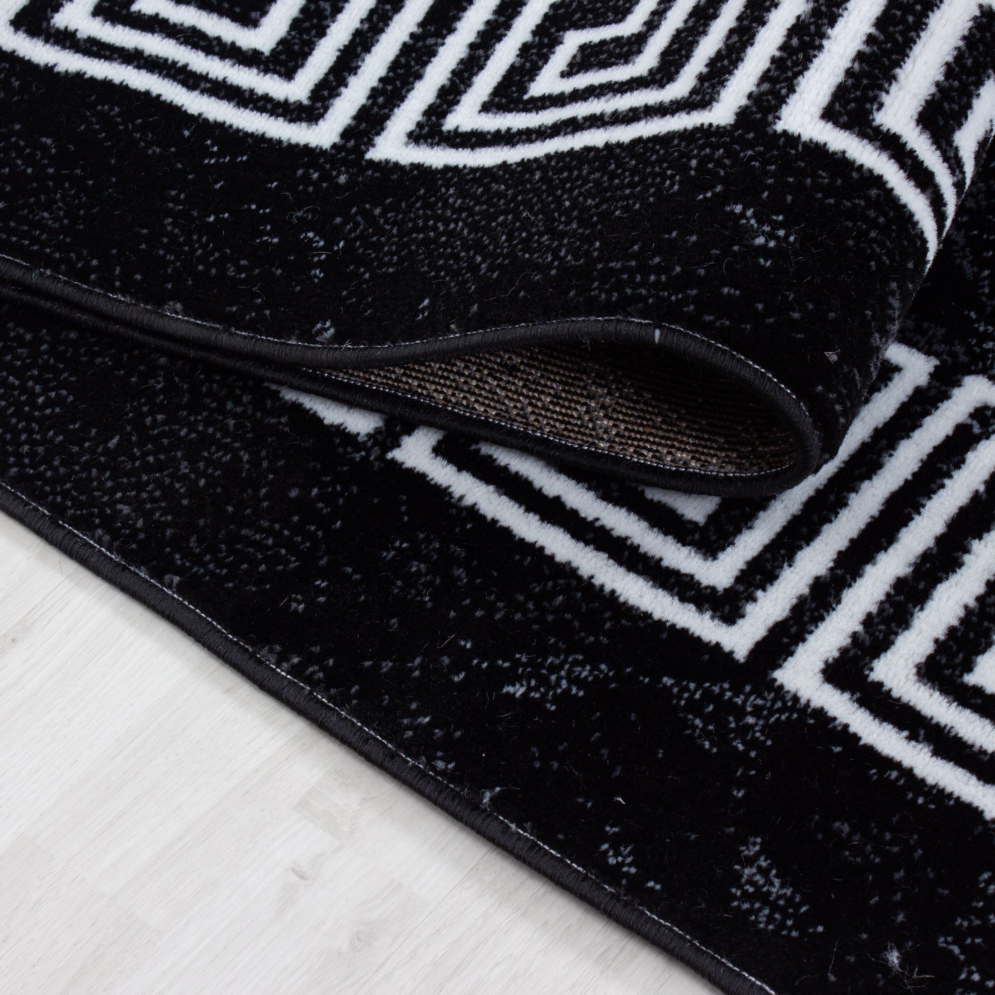 Bettumrandung Läuferset 3 teilig Teppich kurzflor Mäander Muster Schwarz Weiß