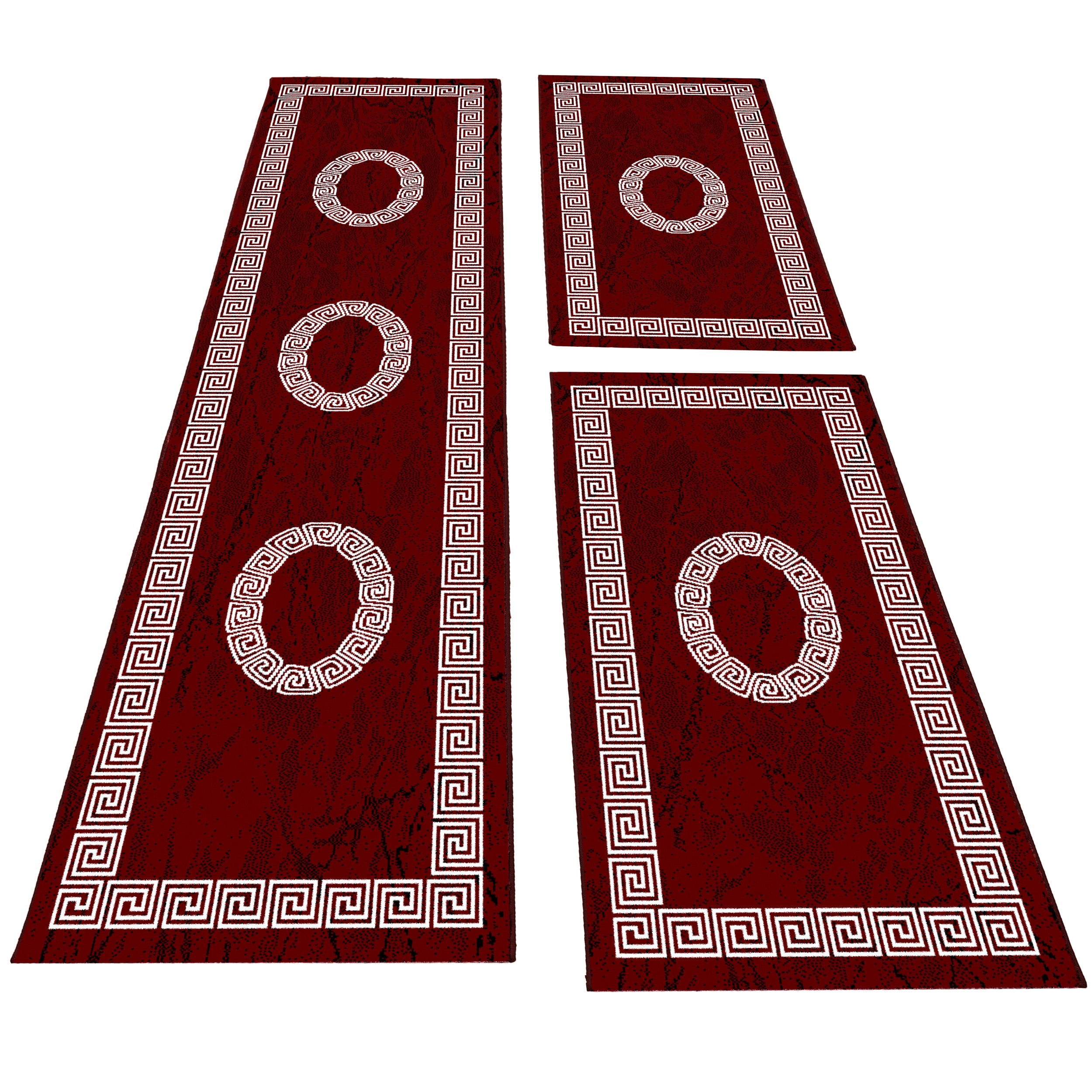 Bettumrandung Läuferset 3 teilig Teppich kurzflor Mäander Muster Rot Weiß