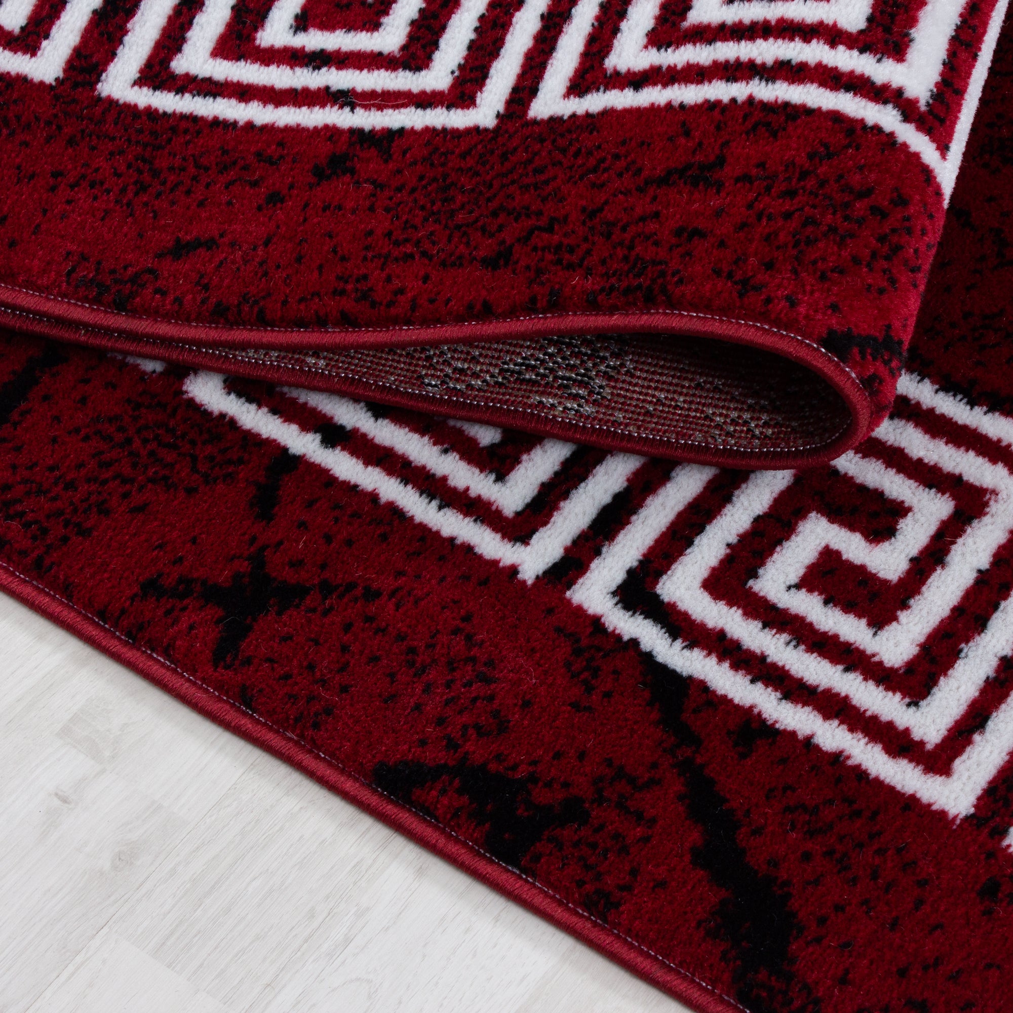 Ensemble de bordure de lit 3 pièces, tapis à poils courts, motif méandre, rouge et blanc 