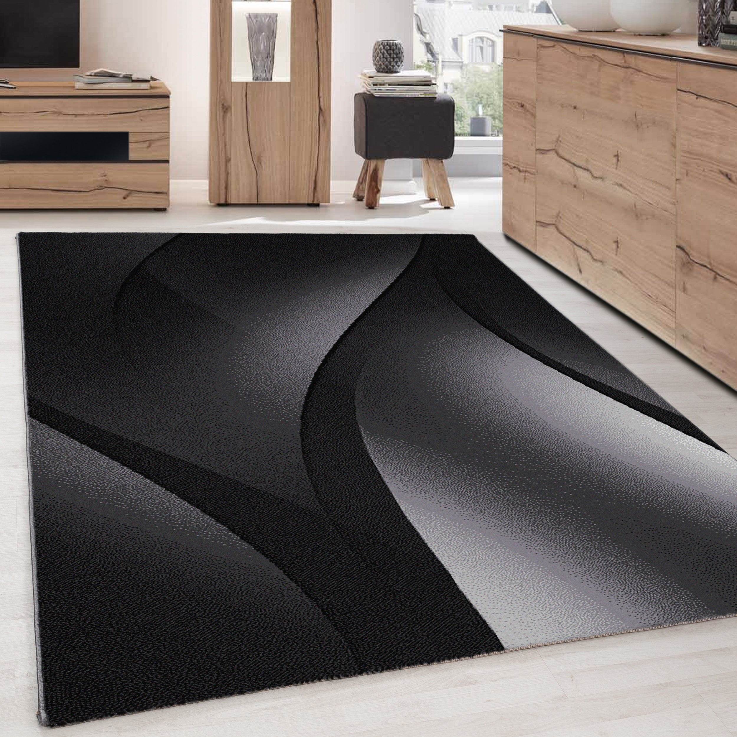 Modern Kurzflor Teppich Wohnzimmer Abstrakt Wellen Design Pflegeleicht