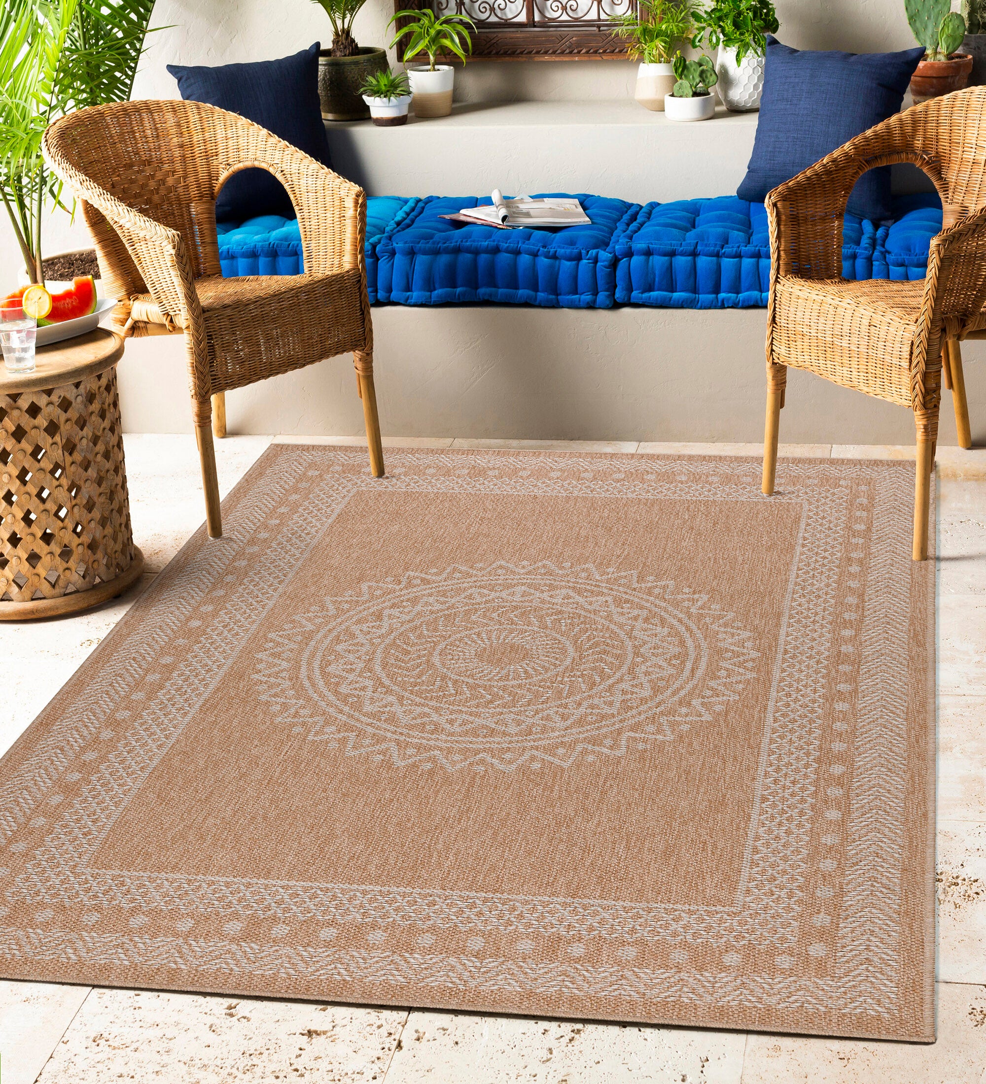 Indoor &amp; Outdoor Rug Weatherproof Vintage Design Natural Look Kitchen Balcony Patio