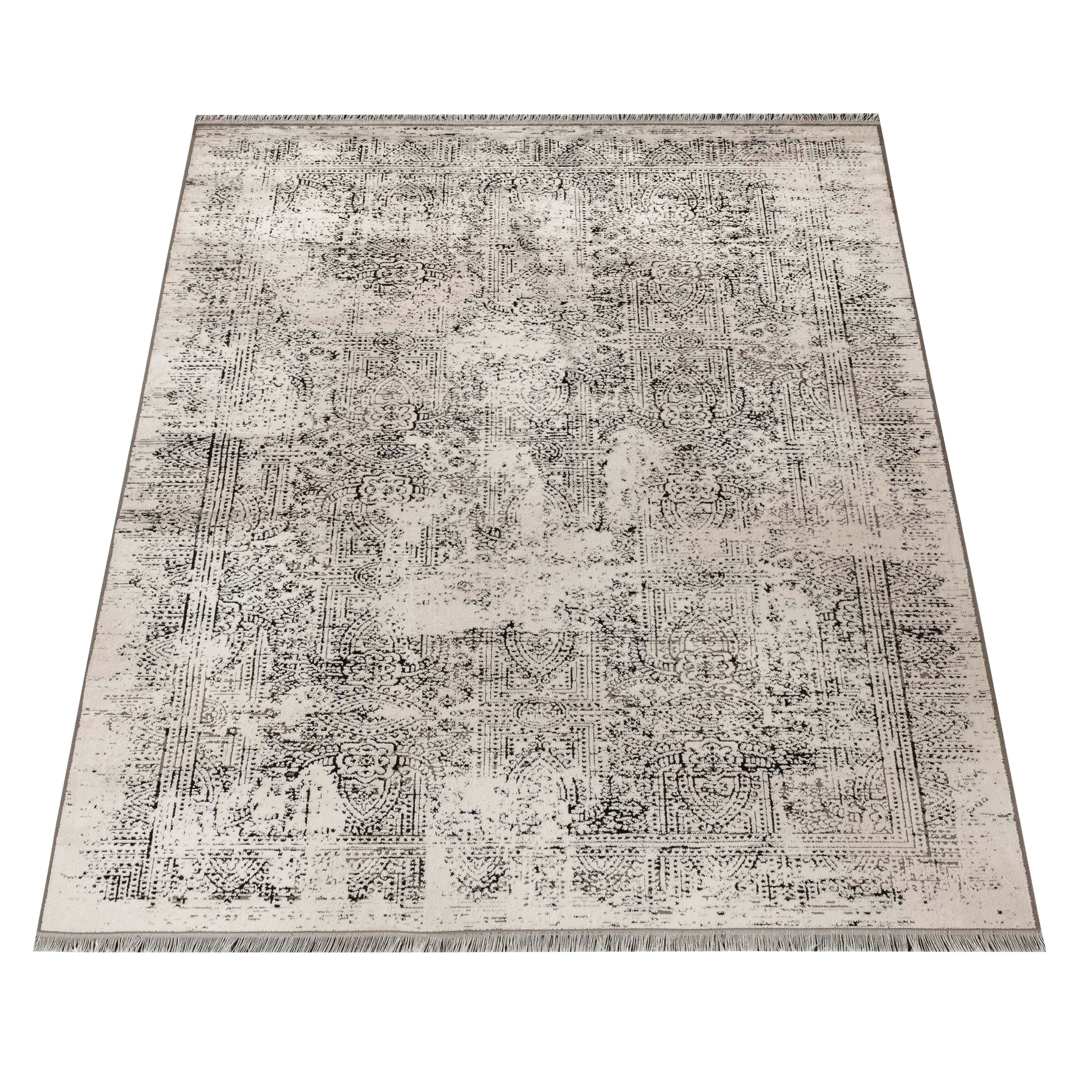 Tapis fin à poils courts, design vintage, aspect viscose, doux, pour salon