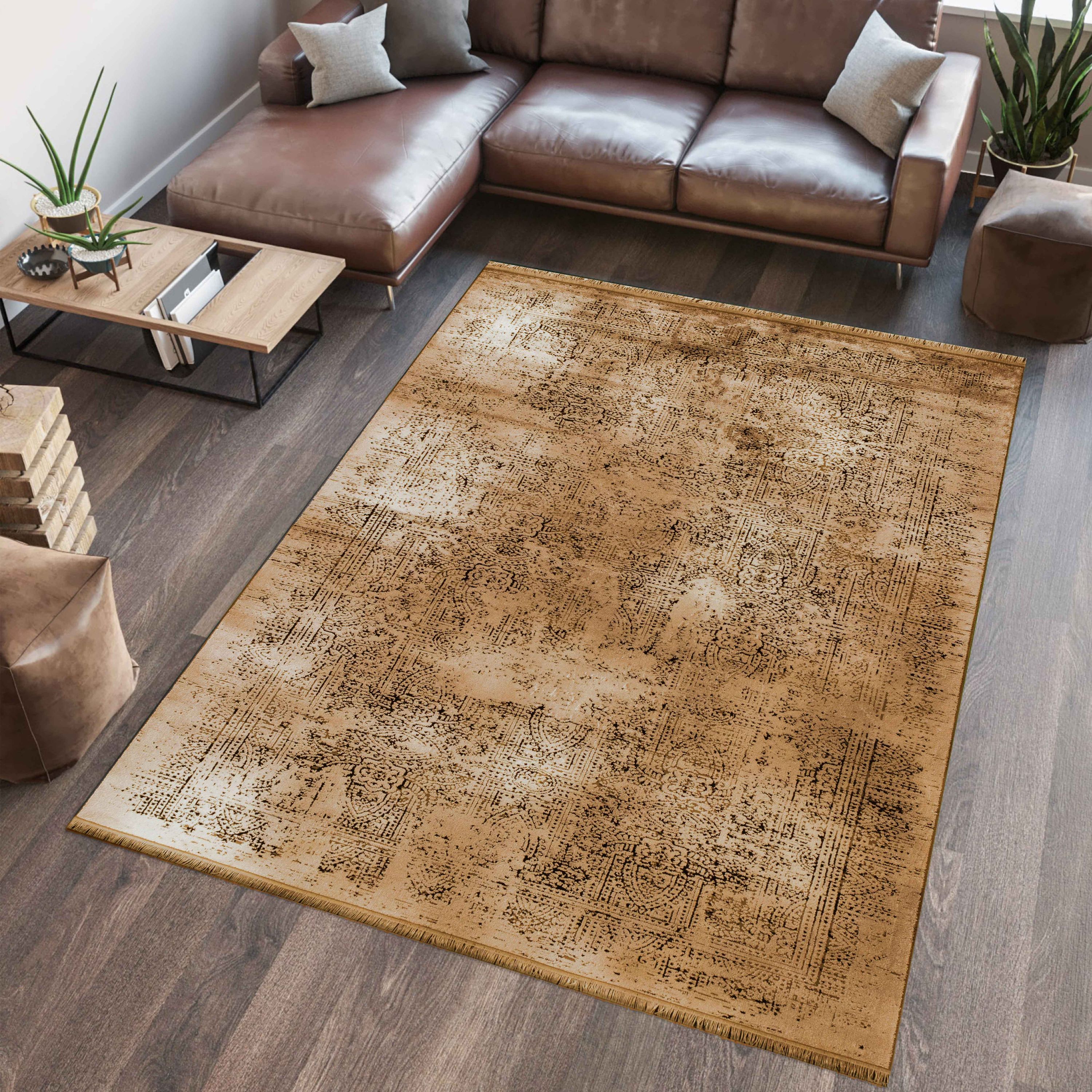 Short pile thin carpet vintage design viscose look soft carpet living room