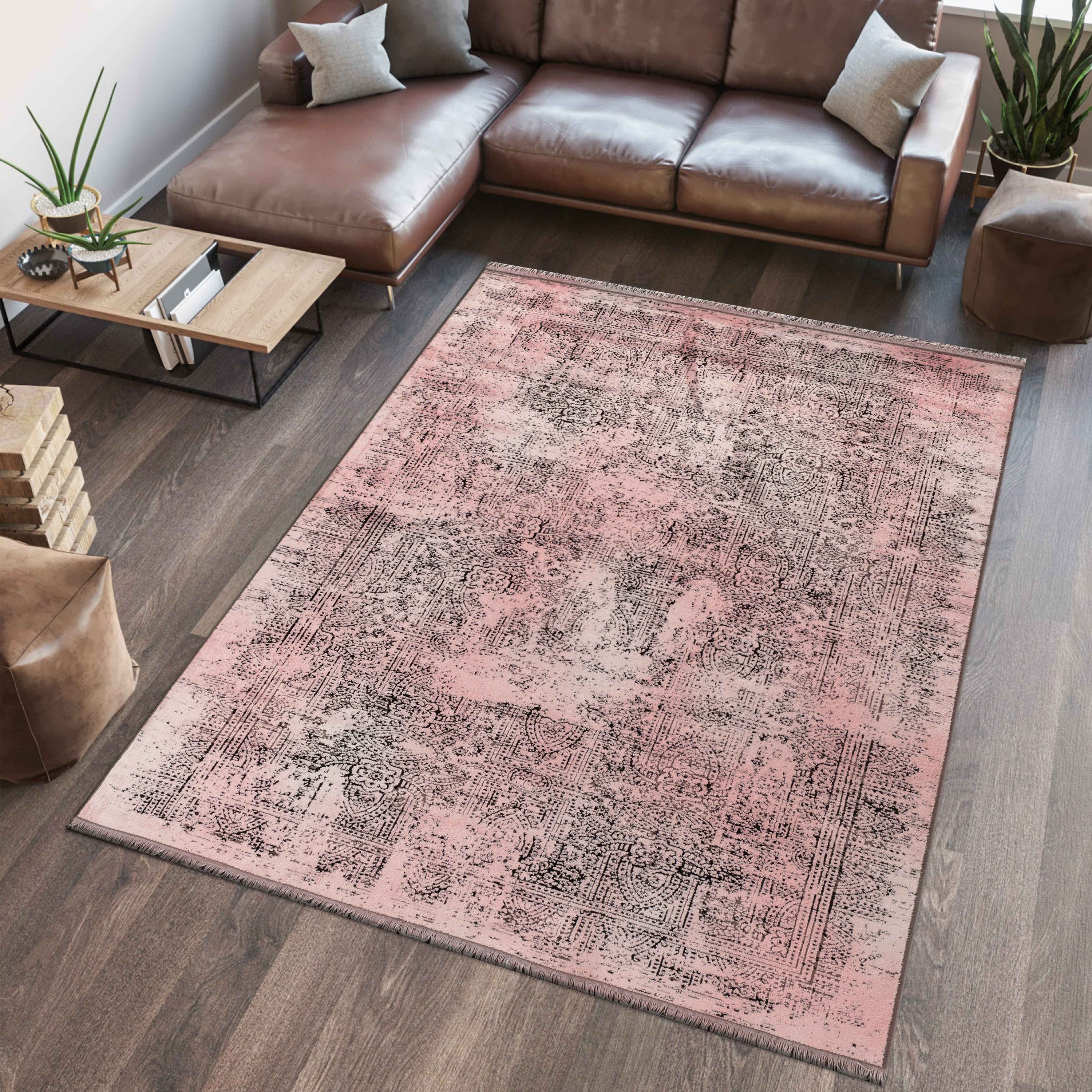 Tapis fin à poils courts, design vintage, aspect viscose, doux, pour s