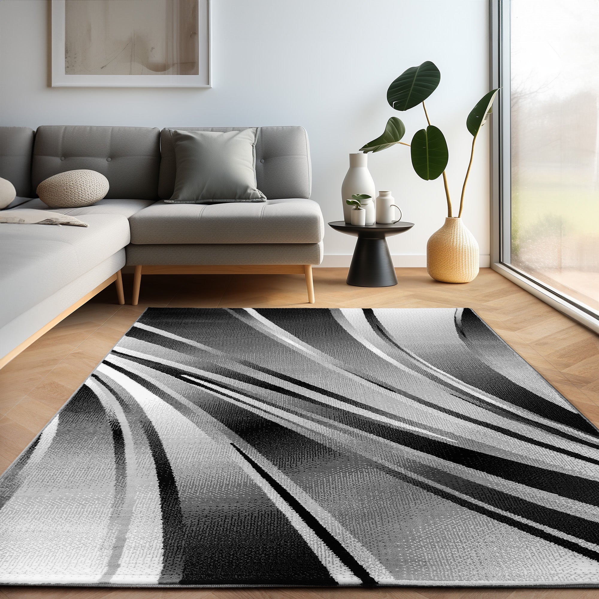 Teppich Wohnzimmer Schlafzimmer Modern Kurzflor Abstrakt Wellen Design Robust
