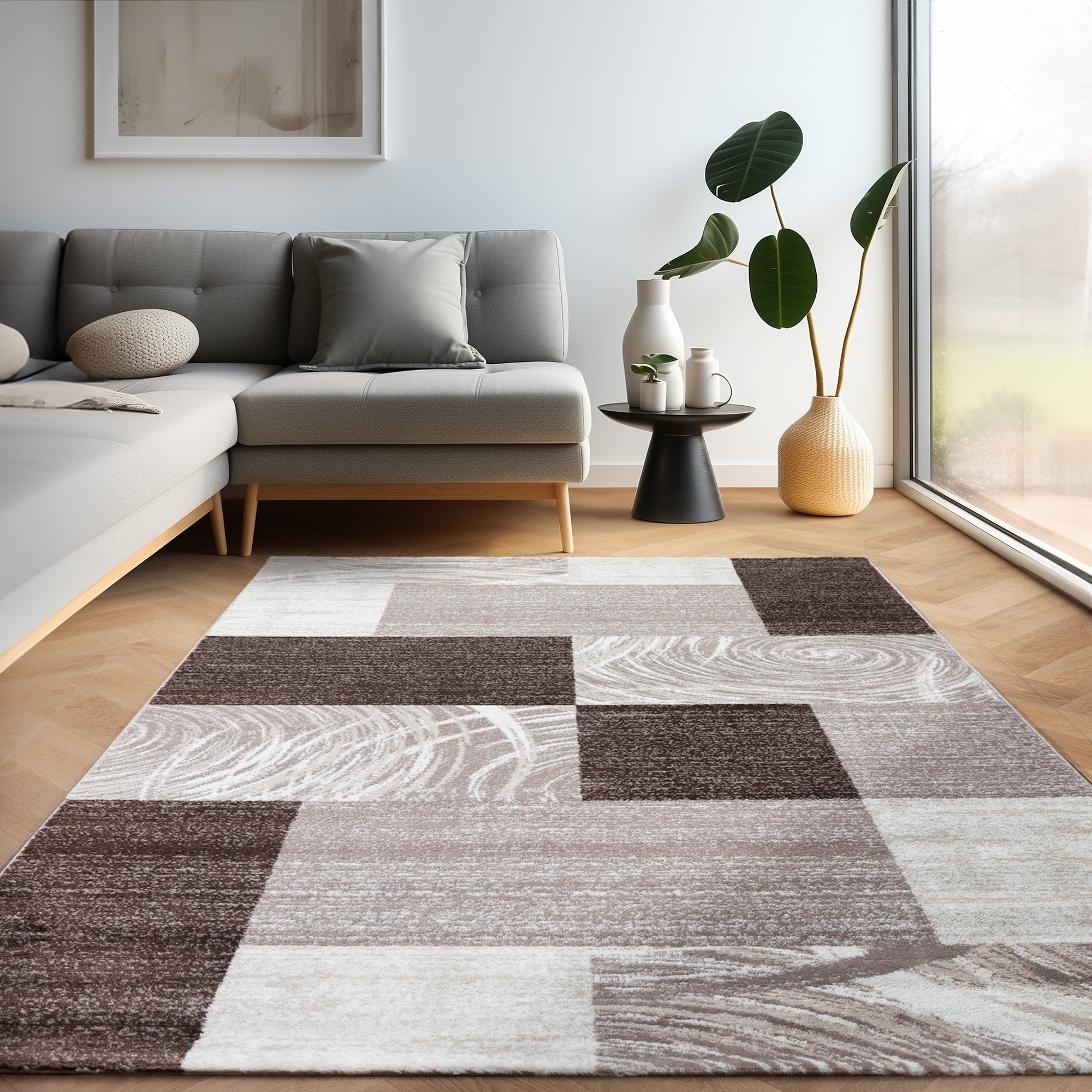 Teppich Wohnzimmer Schlafzimmer Modern Kurzflor Abstrakt Kariert Design Robust