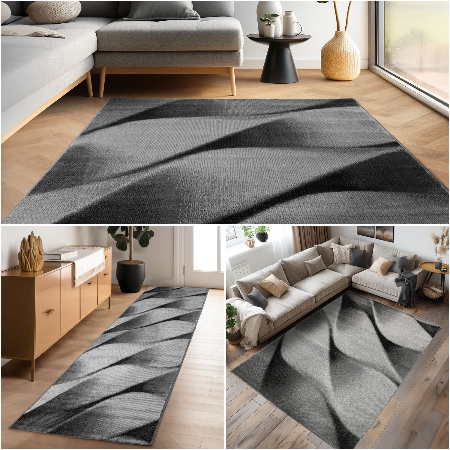Teppich Wohnzimmer Schlafzimmer Modern Kurzflor Abstrakt Wellen Design Robust