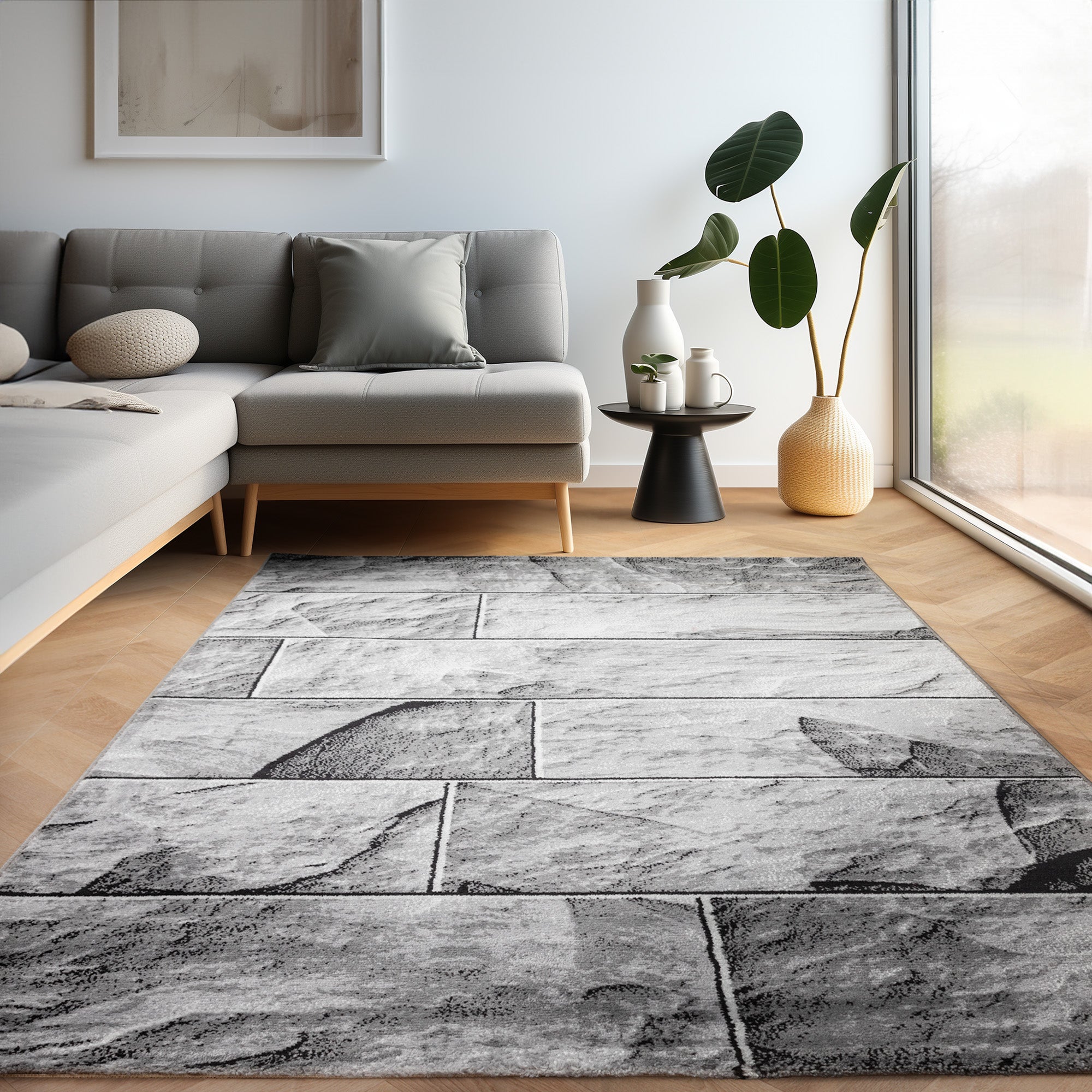 Teppich Wohnzimmer Schlafzimmer Modern Kurzflor Kariert Stein Design Robust