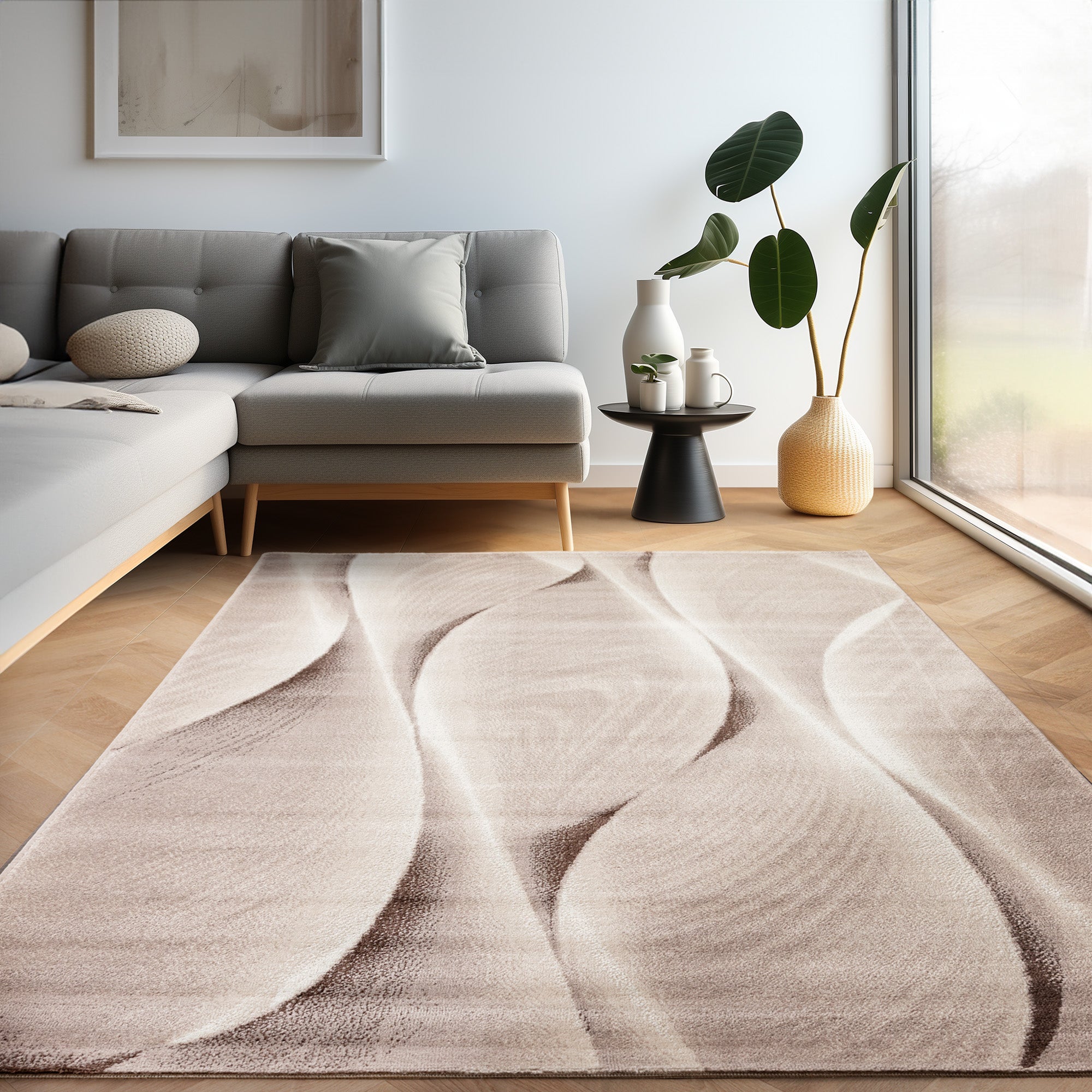 Teppich Wohnzimmer Schlafzimmer Modern Kurzflor Wellen Holzdesign Robust Weich