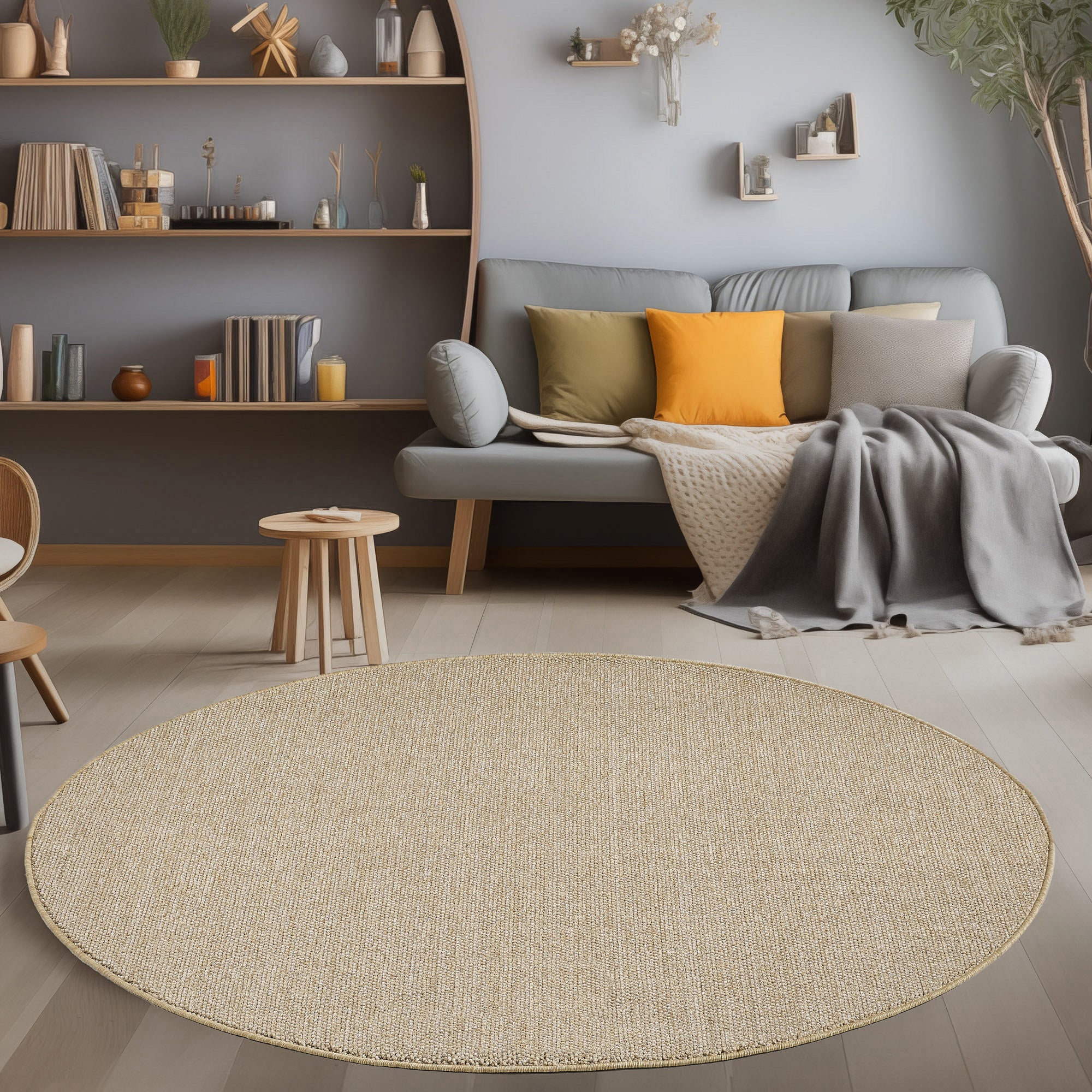 Runder Moderner Wohnzimmer Teppich Robuster, Melierter und Einfarbiger Cut-Loop