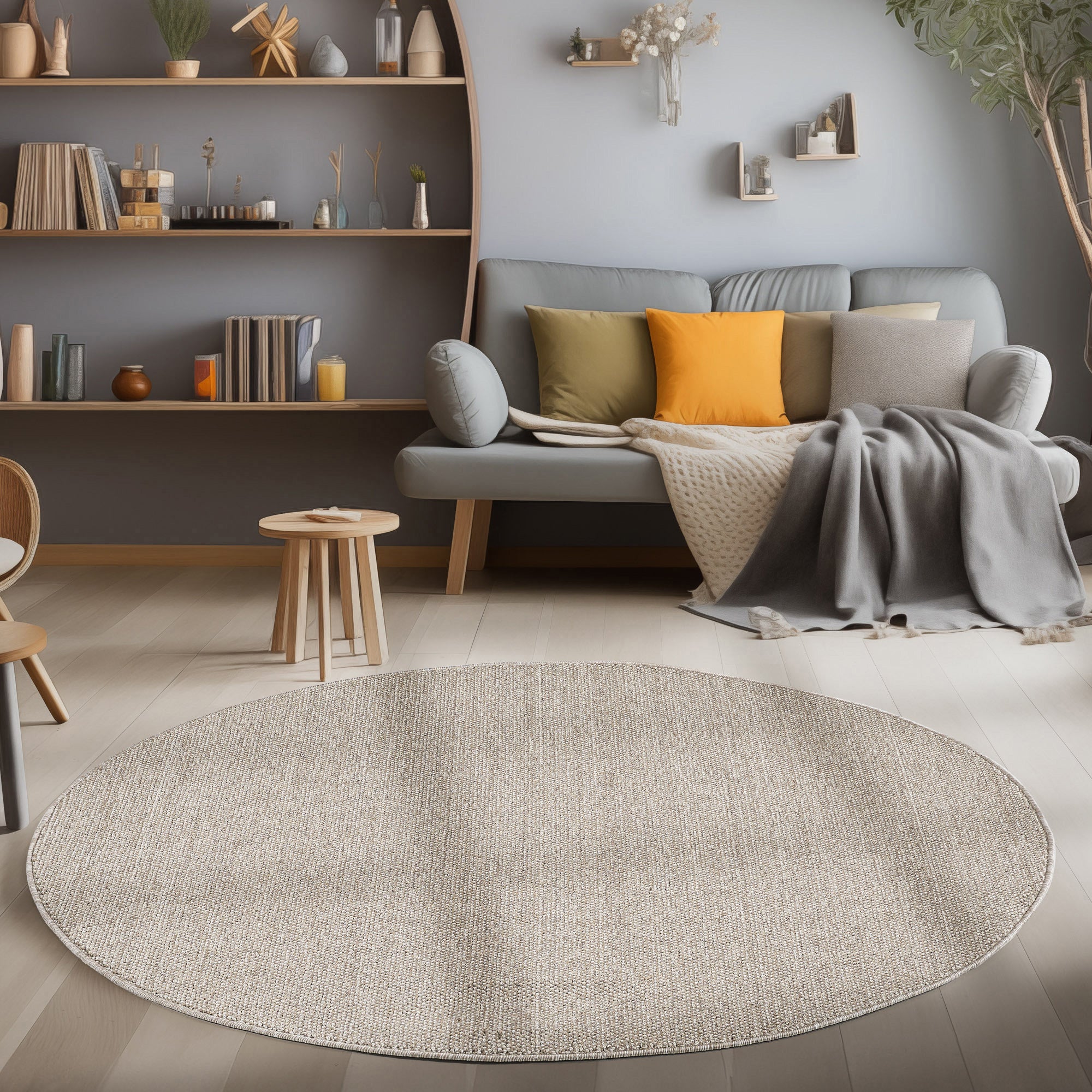 Runder Moderner Wohnzimmer Teppich Robuster, Melierter und Einfarbiger Cut-Loop