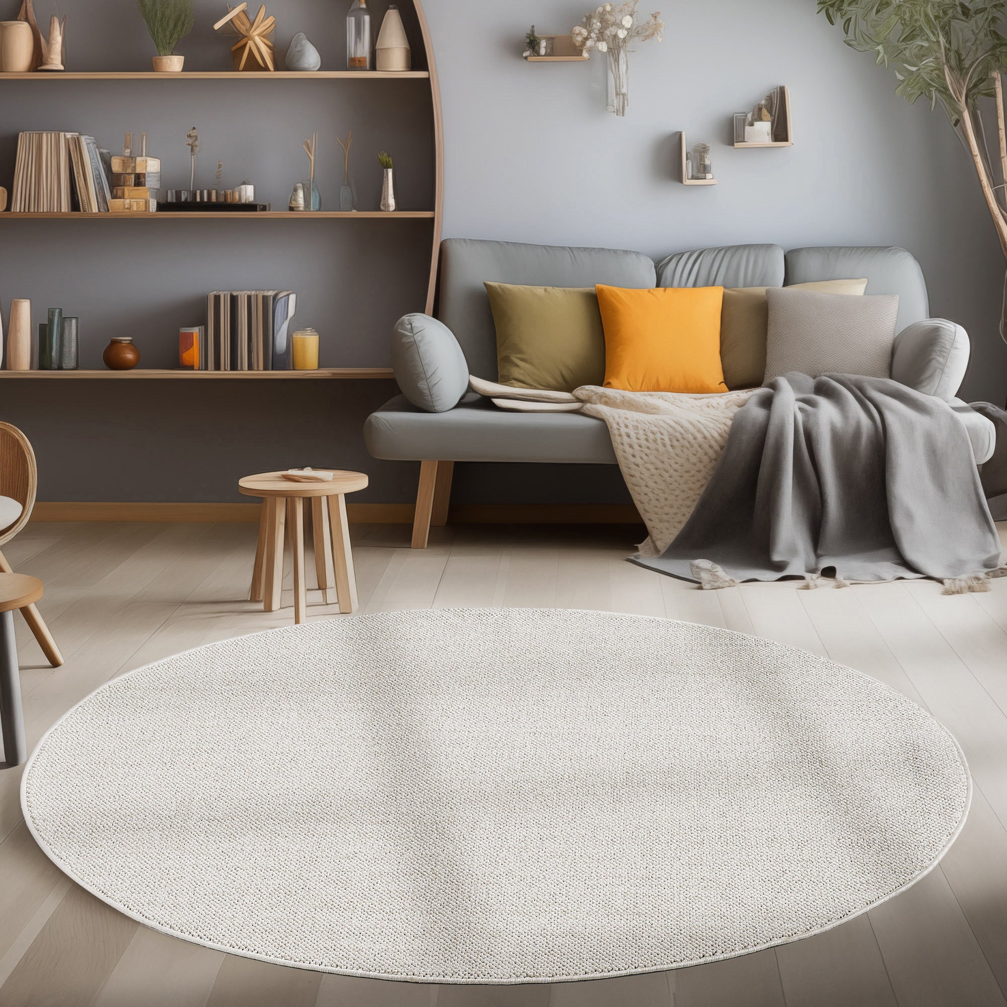 Runder Moderner Wohnzimmer Teppich Robuster, Melierter und Einfarbiger Cut-Loop