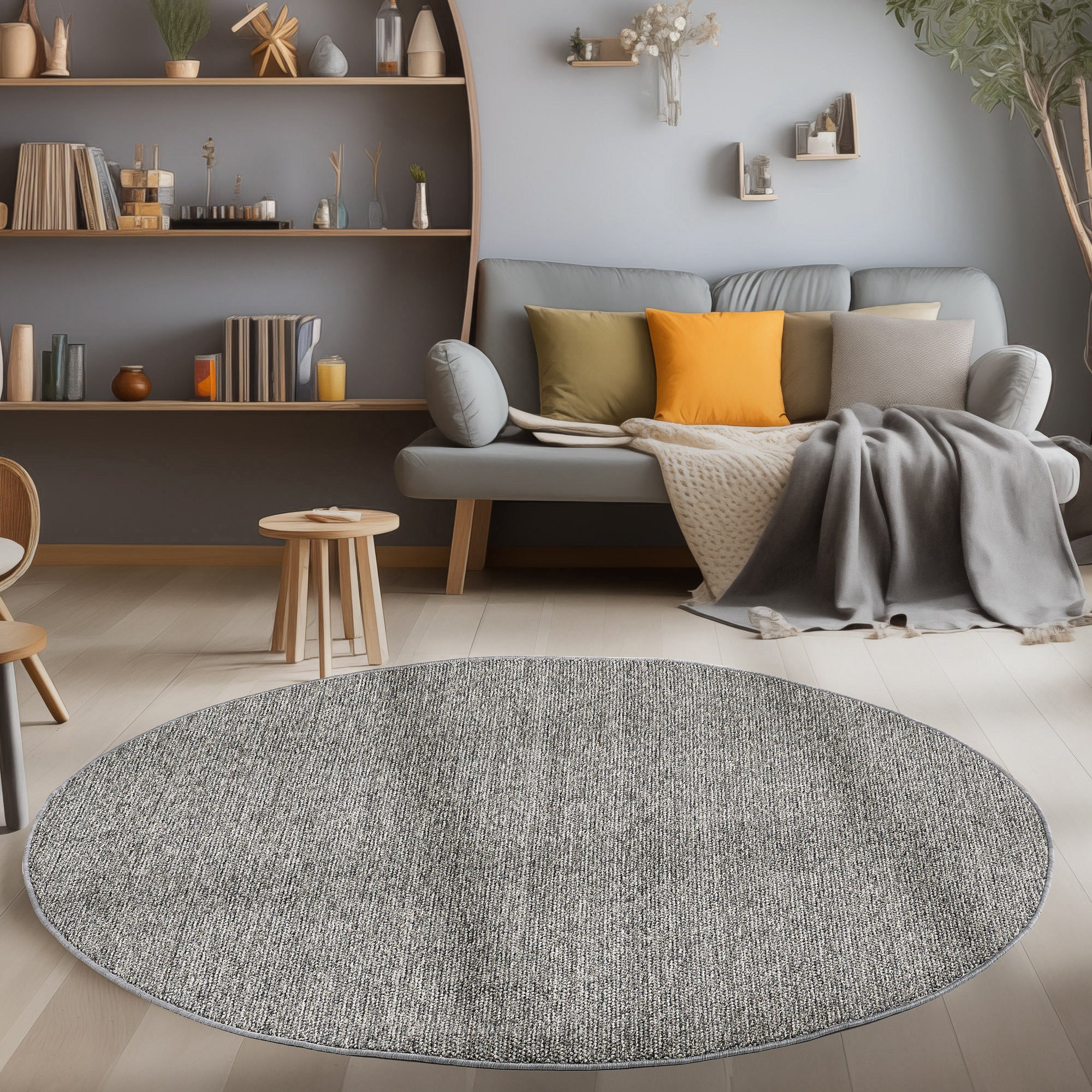 Runder Moderner Wohnzimmer Teppich Robuster, Melierter und Einfarbiger Cut-Loop