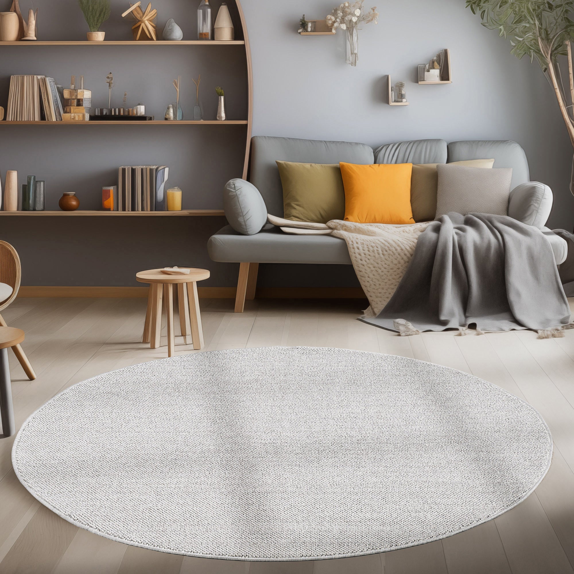 Runder Moderner Wohnzimmer Teppich Robuster, Melierter und Einfarbiger Cut-Loop