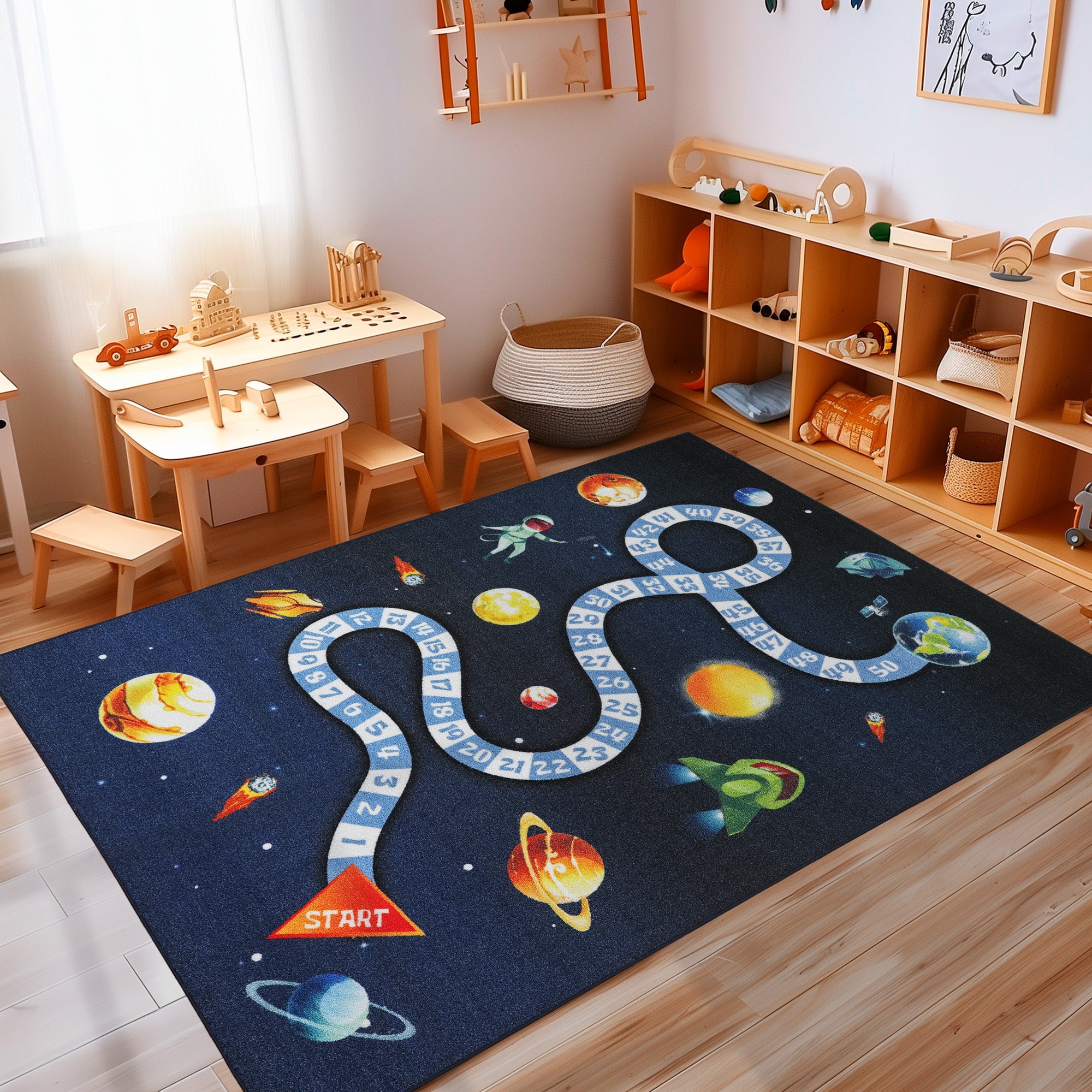 Kinderteppich Jungen oder Mädchen Weltraum Design Spielteppich Rutschfest