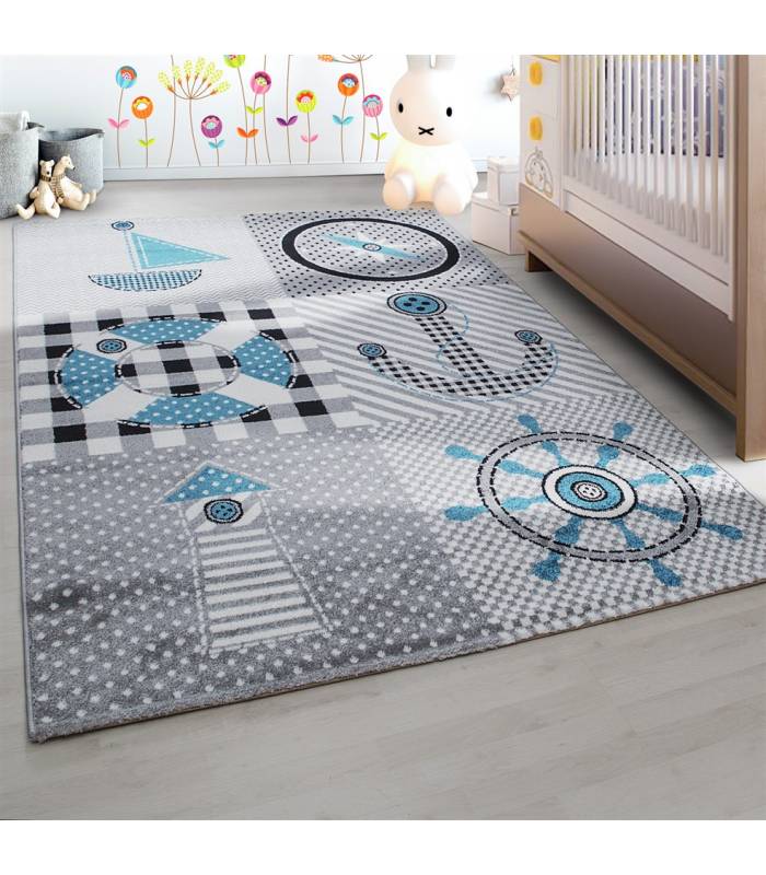 Kinderteppich Kurzflor Leuchtturm Seefahrt Schiff Kinderzimmer Grau Beige